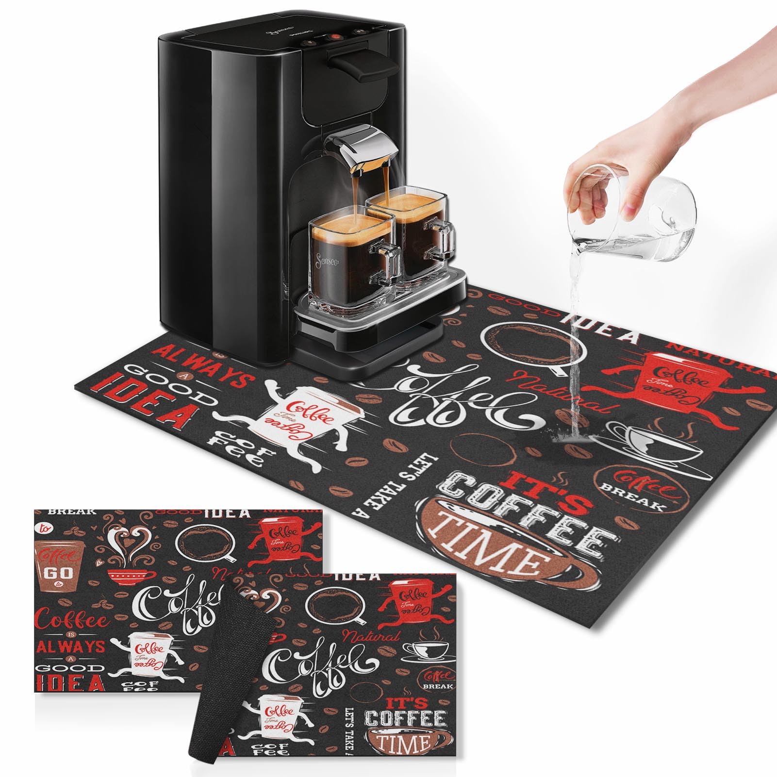 Arttown Coffee Mat for Countertops, Funny Abstract Cartoon Red Dish Drying Mat 2 Pcs for Kitchen Bar Accessories, Coffee Maker Espresso Machine Dish Rack Hide Stain Rubber Backed 12x19In