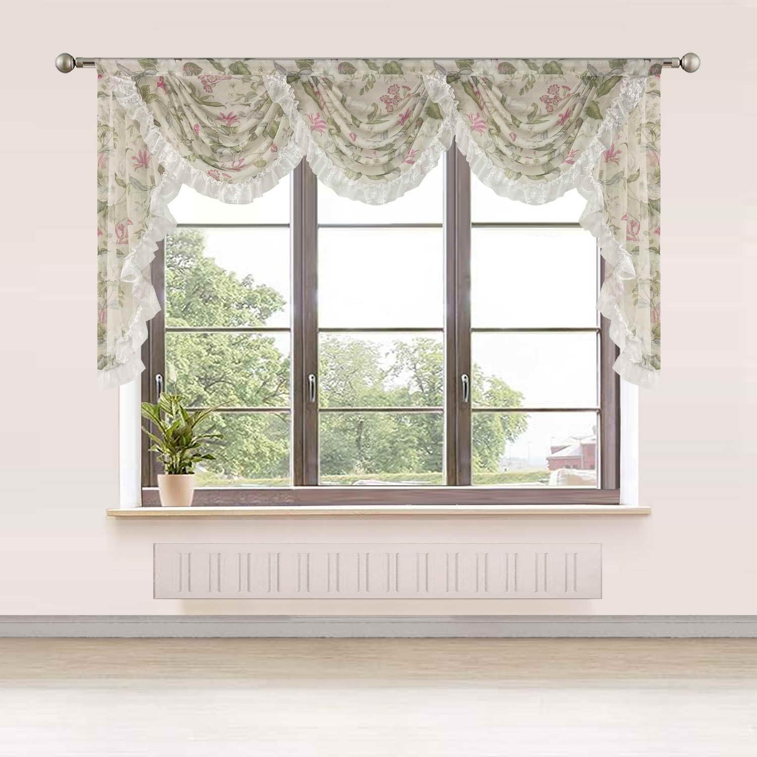 Gxi Ruffle Sheer Curtain Waterfall Valance for Living Room Floral Print Rod Pocket Voile Curtain for Kitchen Window Treatment Swags 1 Panel Width 98