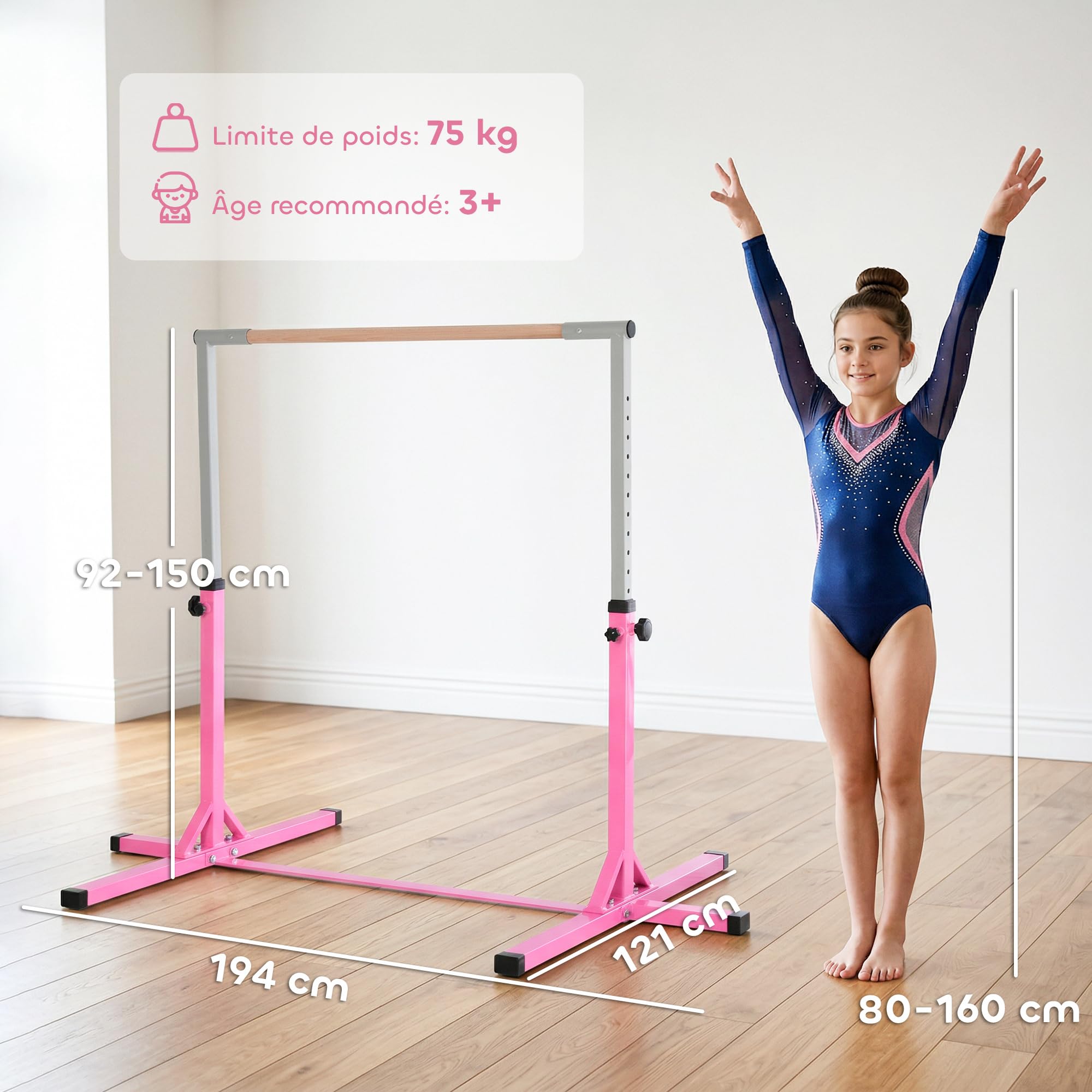 HOMCOM Barre Fixe de Gymnastique pour Enfant, Hauteur Réglable sur 13 Niveaux de 92-150 cm, en Acier et Bois de Hêtre, Barre de Gym d'Entraînement à Domicile, Antidérapant, Facile à Assembler