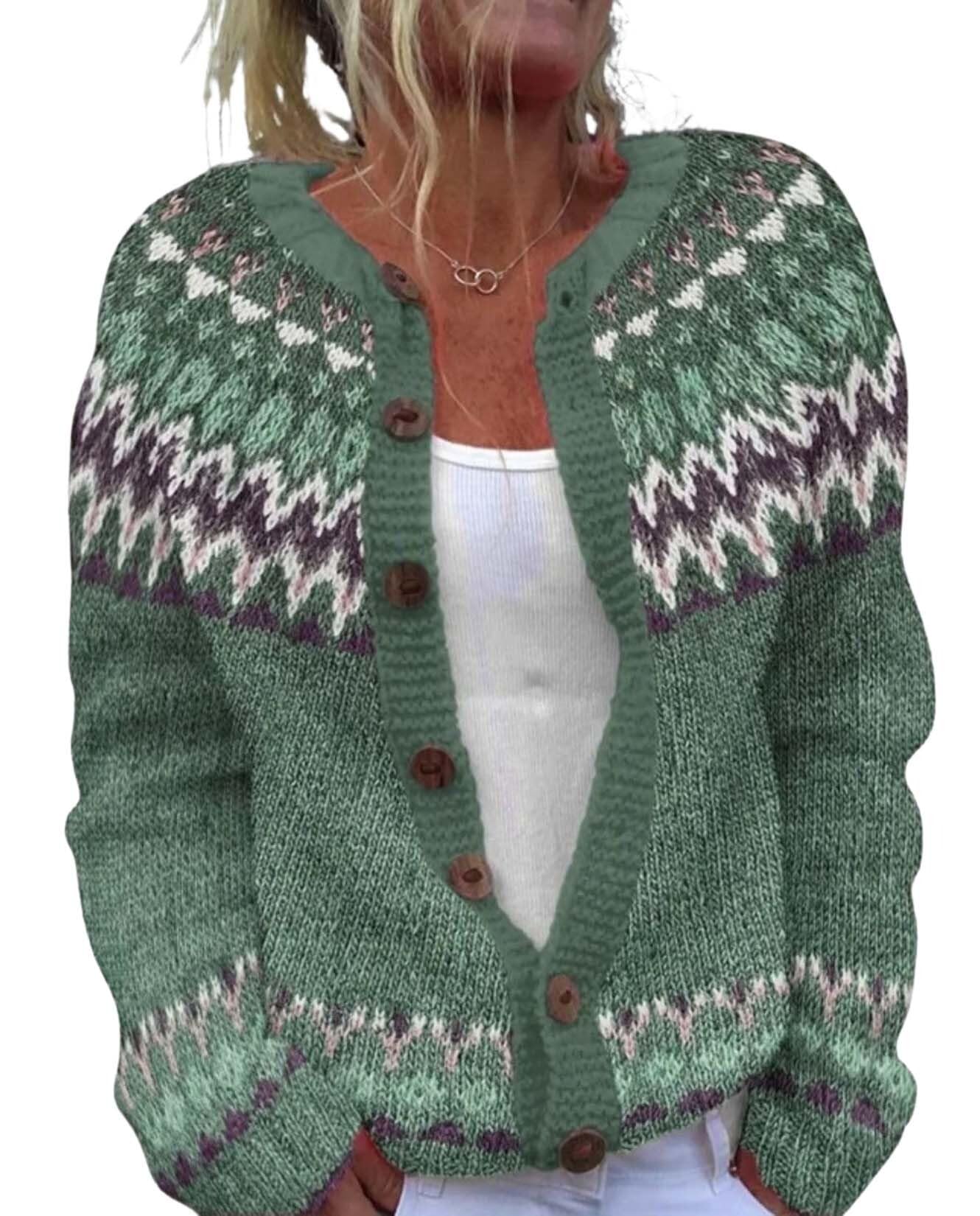Fair Isle Chunky Sweaters for Women Print Cardigan Long Sleeve Crew Neck Button Down Loose Fit Knitted Sweater