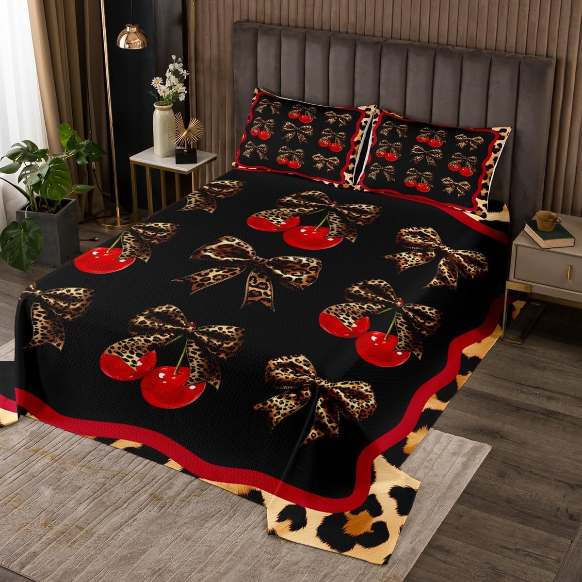 Manfei Leopard Quilt Bedding Set King,Vintage Cheetah Bowknot Coverlet Bedspread,Pink Ribbon Bow Lightweight Bedding Bed Cover for All Season,3D Wildlife Bedspread Set (1 Quilt+ 2 Pillowcases)