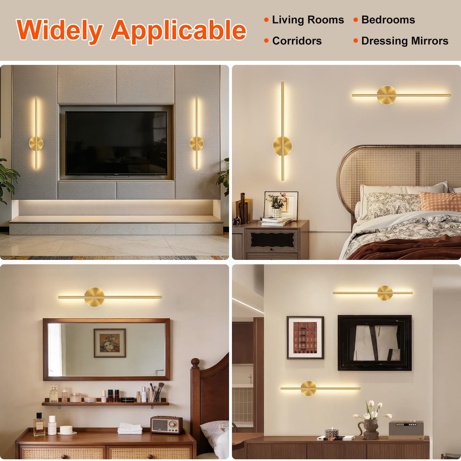 Ketom 2 Stück LED Wandleuchte Innen Gold, Dimmbare Wandlampe mit Fernbedienung, 3 Farbtemperaturen, USB Aufladbar Akku