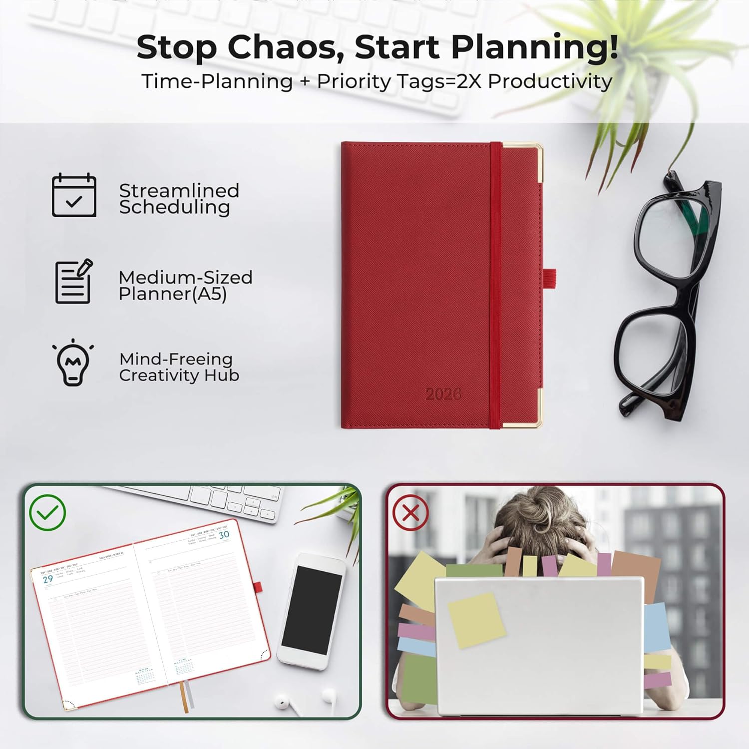 Daily Planner 2026 with One Page Per Day,(A5-8.5" x 5.9"),12 Months Calendar Hourly Appointment Book Monthly Tabs & Self-adhesive Pen Holder,Inner Pocket, Vegan Leather Hardback,Red