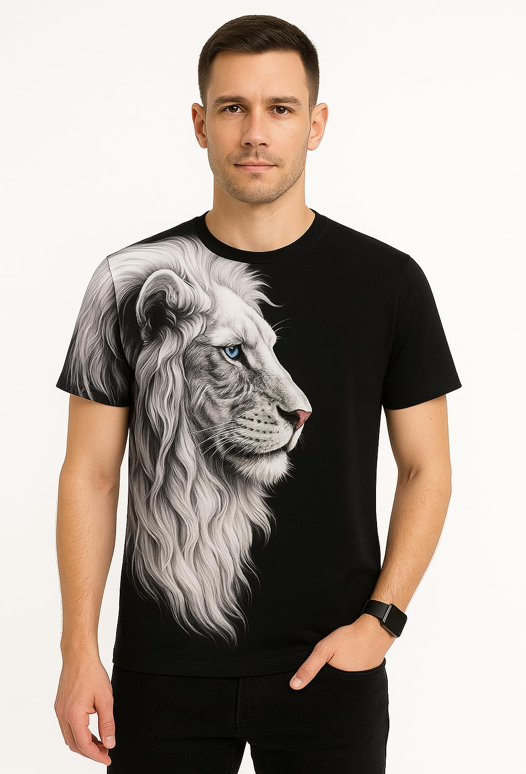 Fierce White Mane Lion Profile T-Shirt | Monochrome Black & White Graphic Tee