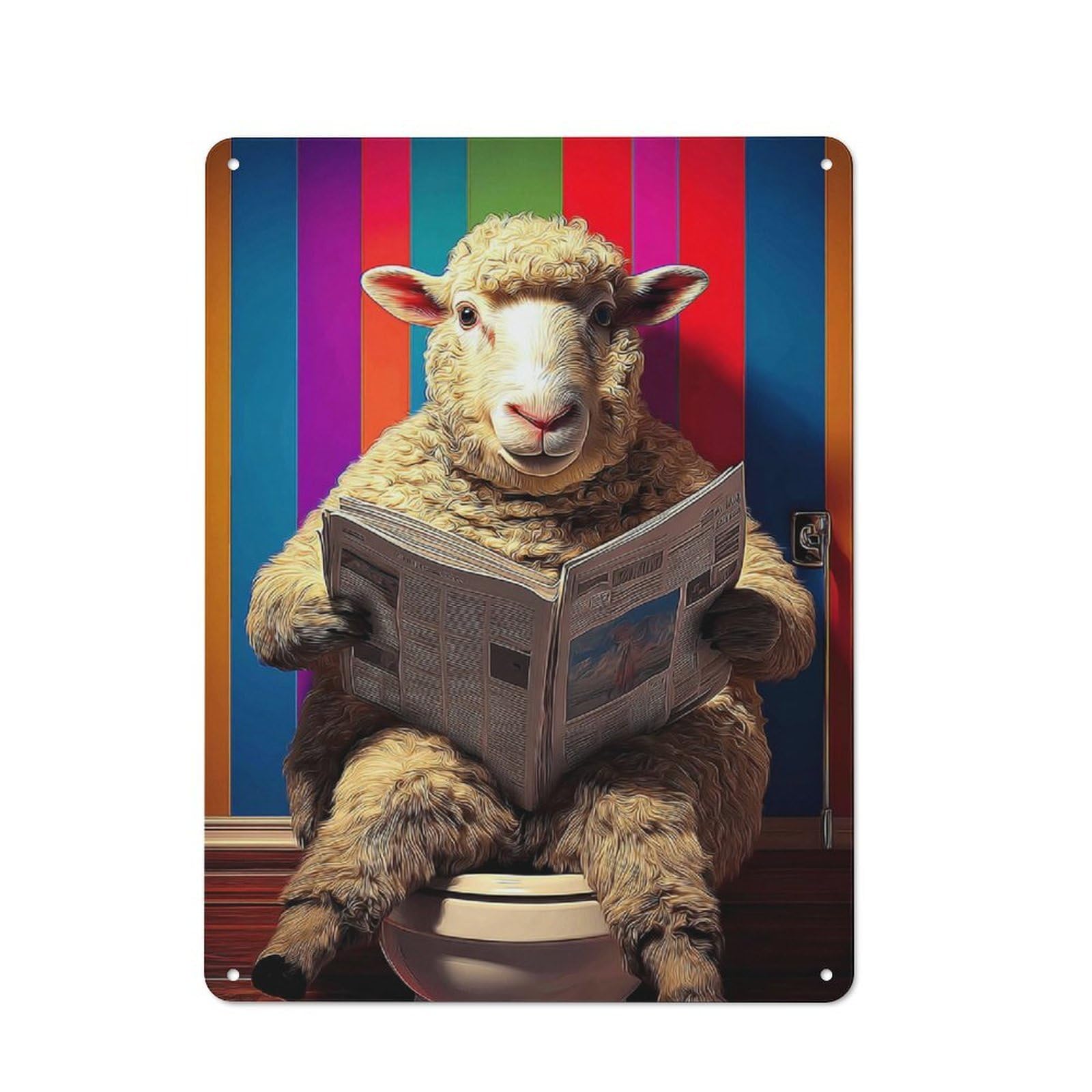 Junmoney Sheep Reading Newspaper On Toilet-1 Rustic Tin Sign 40X30cm For Living Room Or Hallway, Suited To Living Room Decor Lovers