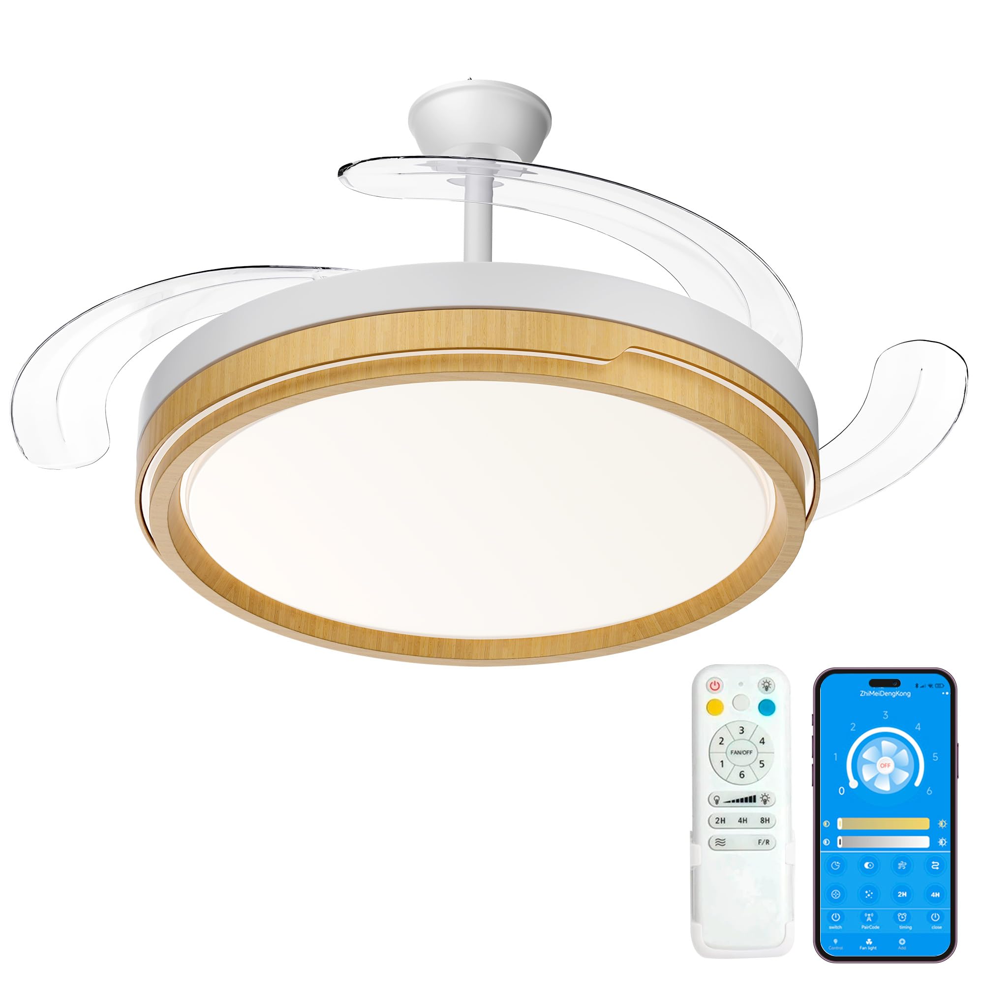 Ventilador de Techo 66w+30w LED Silencioso con Control Remoto y App, Luz Regulable, 6 Velocidades, Temporizador (Madera)