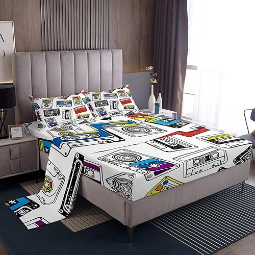 Erosebridal Juego de sábanas vintage de estilo antiguo con cassette de audio retro, juego de sábanas coloridas para tocadiscos de música, tamaño