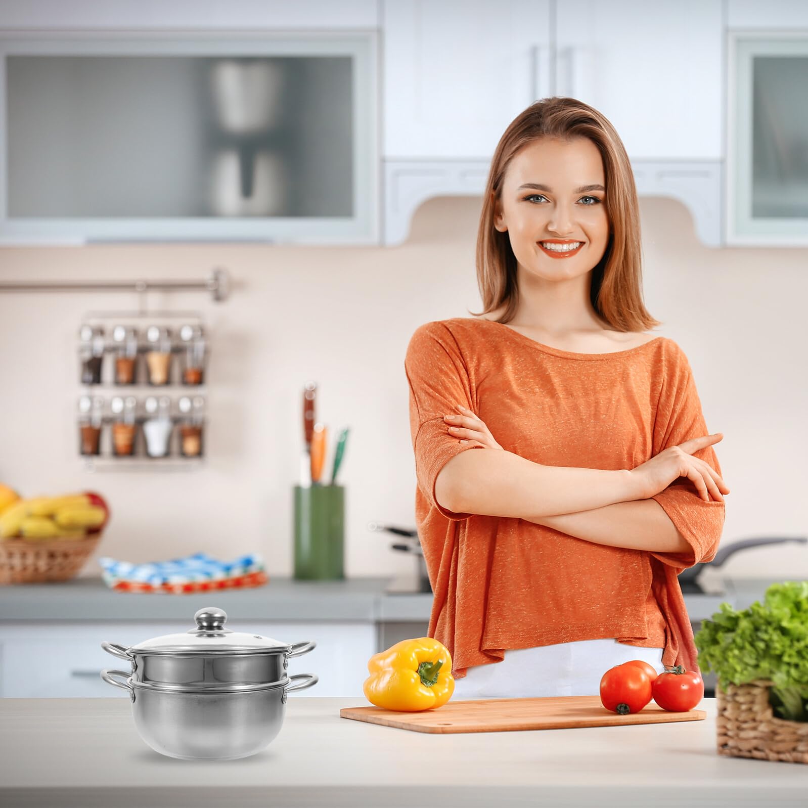 Olla Vaporera de Acero Inoxidable de Doble Capa Gran Capacidad para Cocinar al Vapor y Cocinar Simultáneamente en Cocina Doméstica