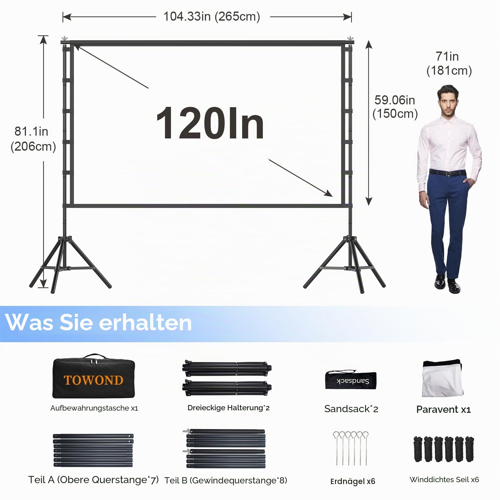 TOWOND 120 Zoll Projektorleinwand mit Ständer, Faltbare Tragbare 16:9 HD Outdoor Projektor Leinwand für Heimkino und Garten, Vorne und Rückprojektion, Waschbar Faltenfrei Polyester mit Tragetasche