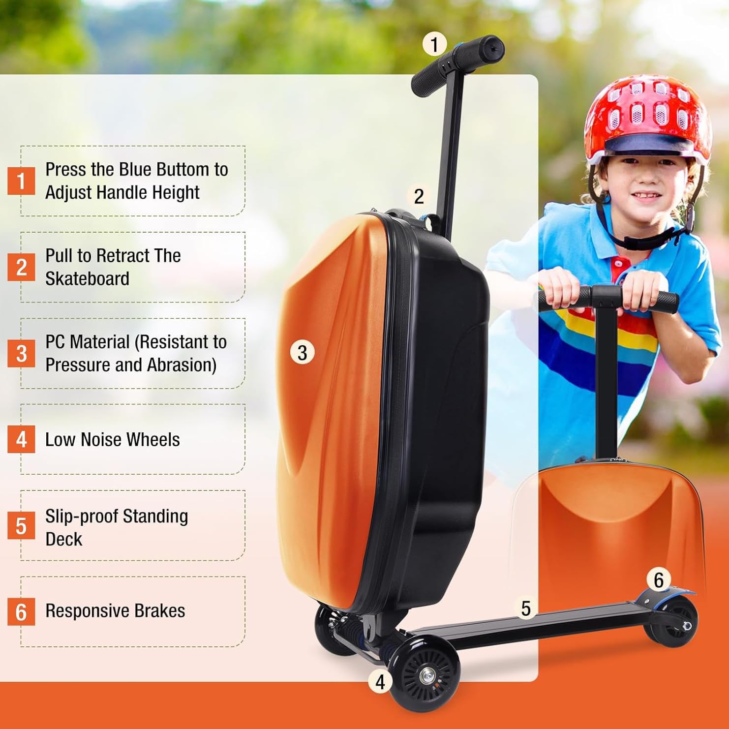 Ride On Luggage Scooter – 2 w 1 składana walizka transportowa dla dzieci w wieku 4-15 lat, wielofunkcyjna podróżna walizka na kółkach, pomarańczowy, M