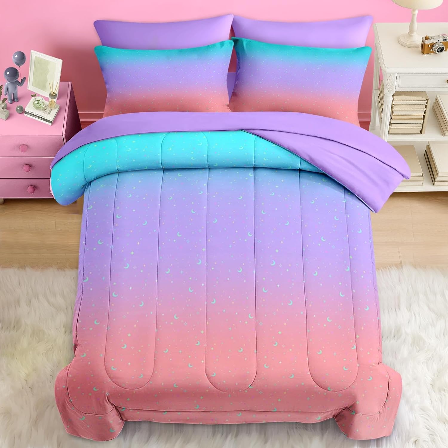 Pamnest Comforter Set Queen Size, Colorful Rainbow Star 7 Pcs Bedding for Kids and Adults, Happy Dream Space Bed Sheet Sets with Fitted Sheet 2 Pillowcases & 2 Shams for Bedroom Bed Decor