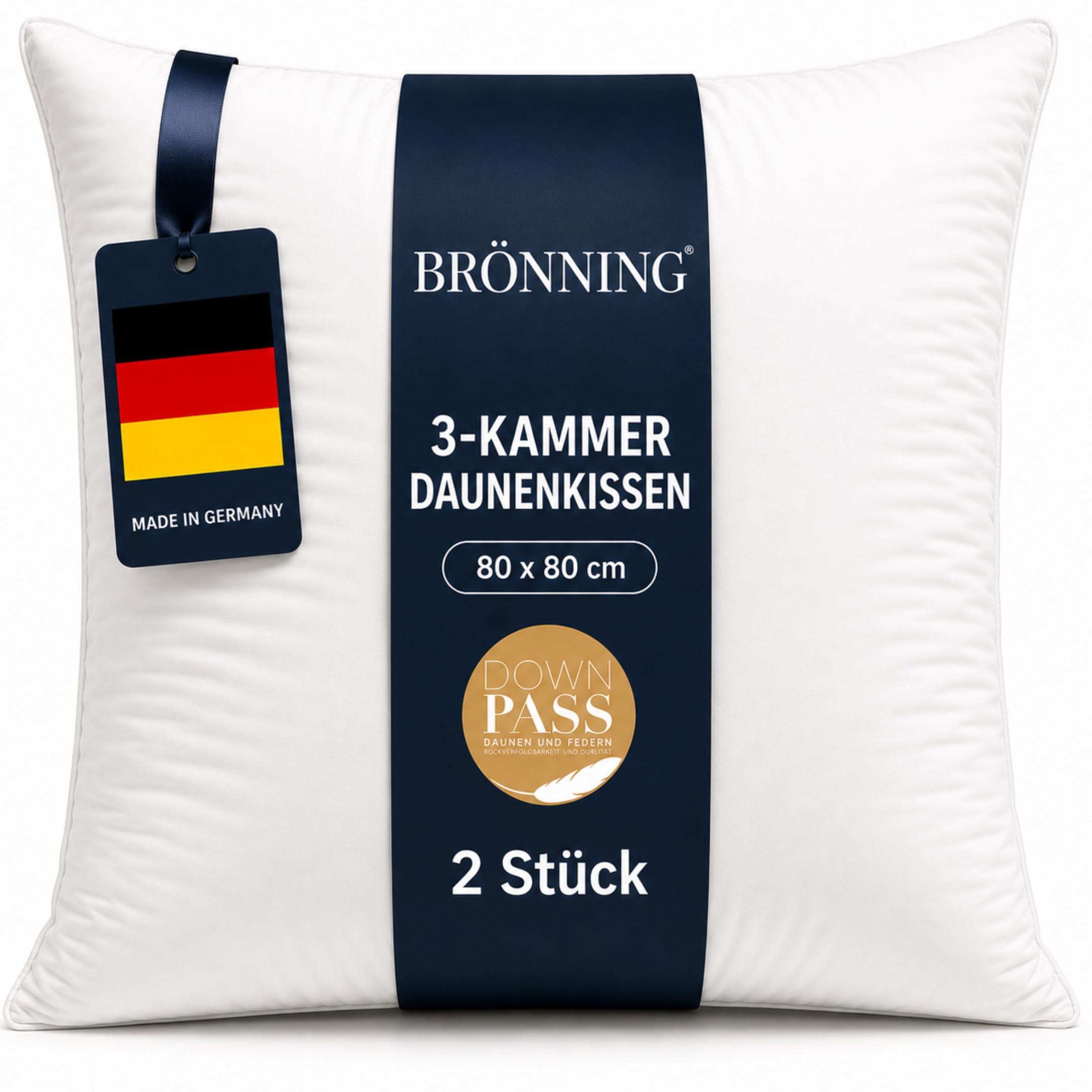 3-Kammer Daunenkissen 80x80 cm 2er Set -Kopfkissen Made in Germany | Kopfkissen 80x80 Daunen | Kissen Allergiker (NOMITE) | Federkissen 80 x 80 cm | Tierwohl (DOWNPASS) | OEKO-TEX Klasse 1