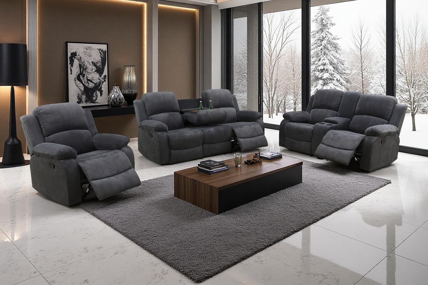 3 Pieces Corduroy Recliner Sofa Set with Cup Holder, Living Room Furniture Sets, Manual Recliner Sofa Set with Storage, Reclining Couches for Living Room/Office