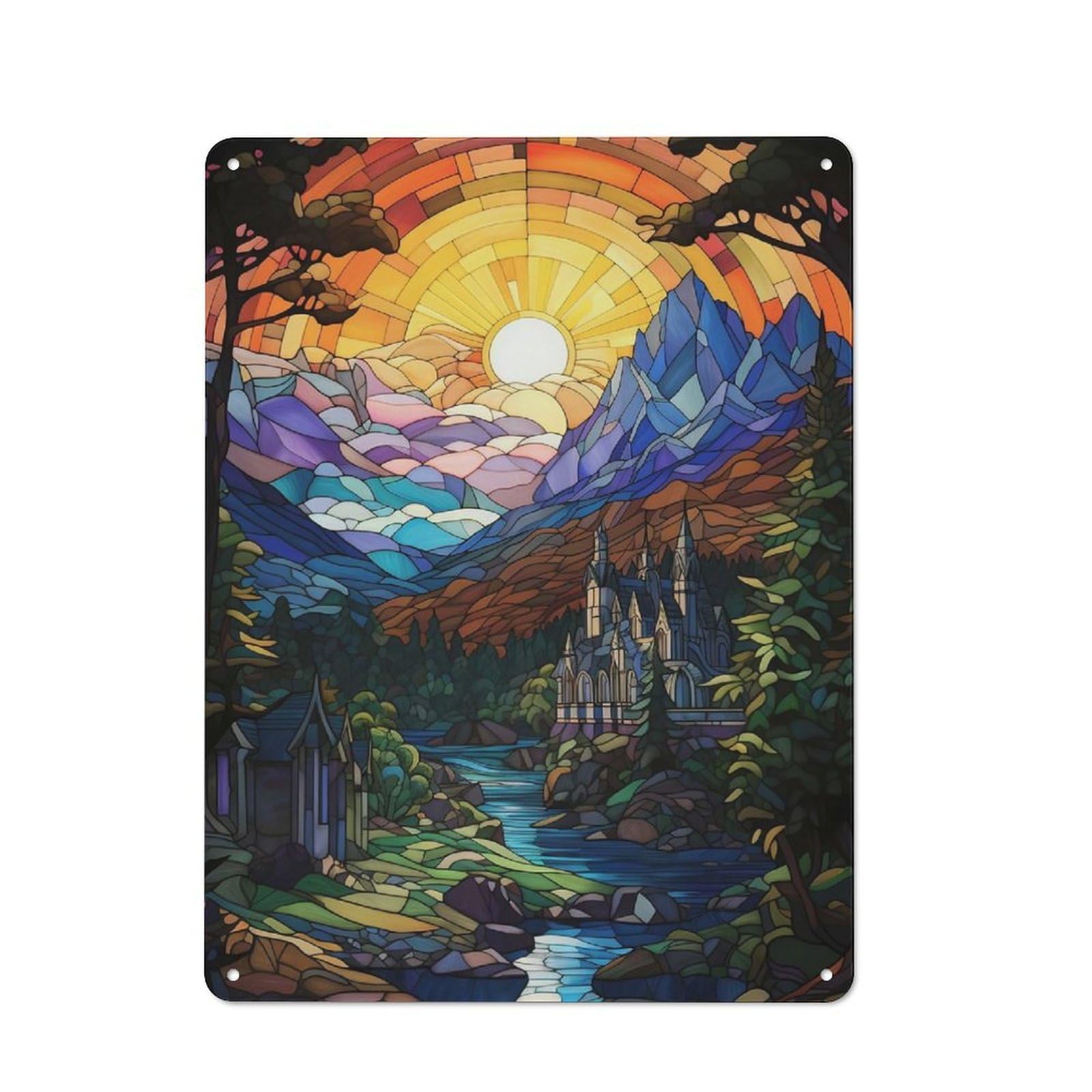 Junmoney Stained Glass Fantasy Landscape With Castle Rustic Tin Sign 40X30cm Featuring For Living Room Wall, For Metal Sign Collectors, For Garage And Workshop Walls