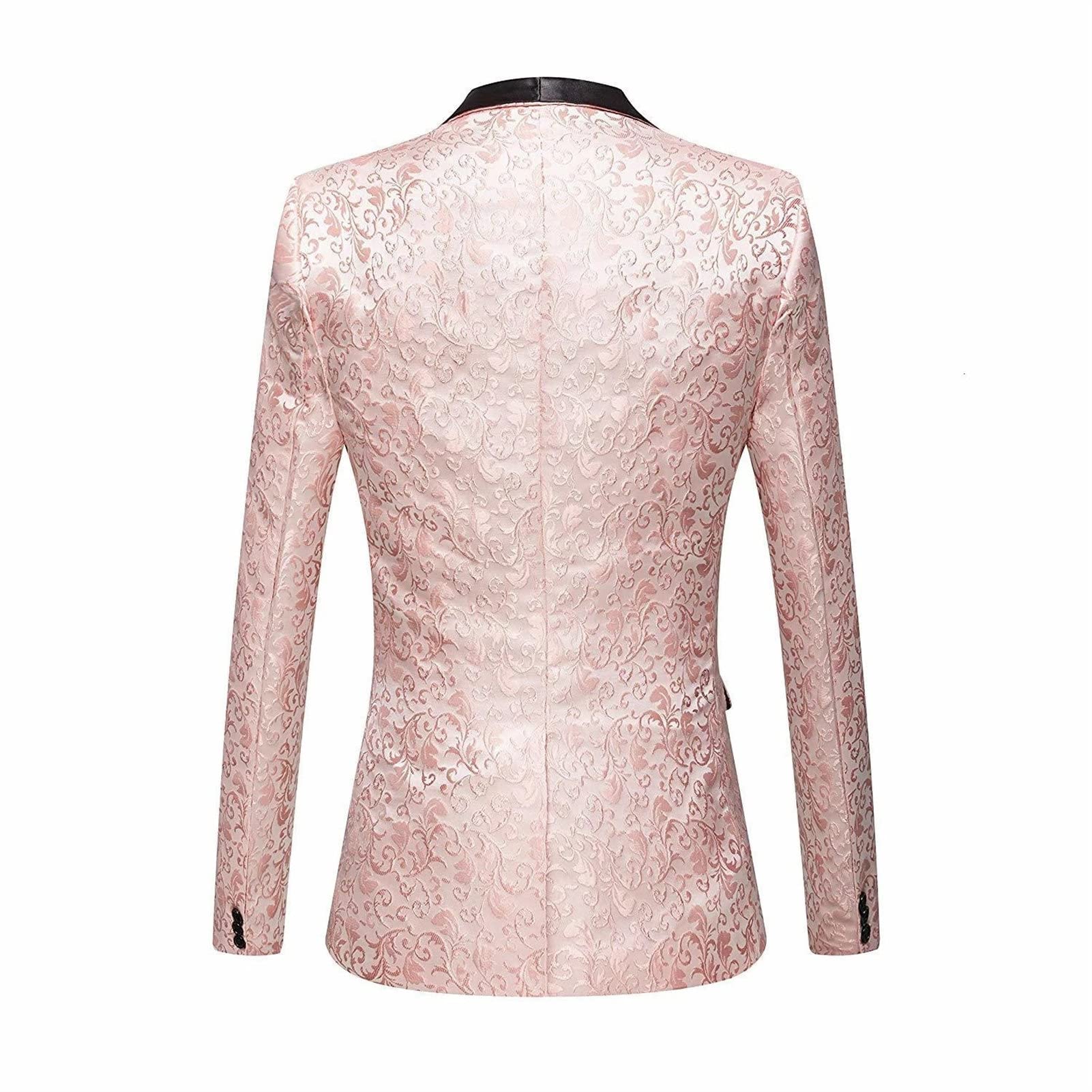 Men's Luxury Floral Tuxedo Jacket Paisley Jacquard Shawl Lapel Dress Suit Embroidered Wedding Blazer Sport Coat (Pink,Medium)