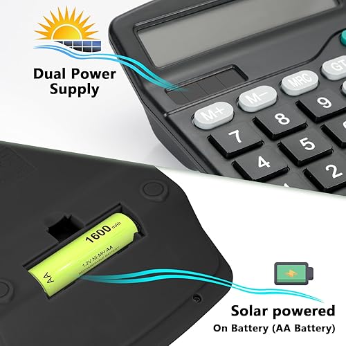 Miniatura 3 de Bonita calculadora de escritorio negra con botones grandes, fuente de alimentación doble, energía solar y batería, pantalla LCD grande, paquete de 2