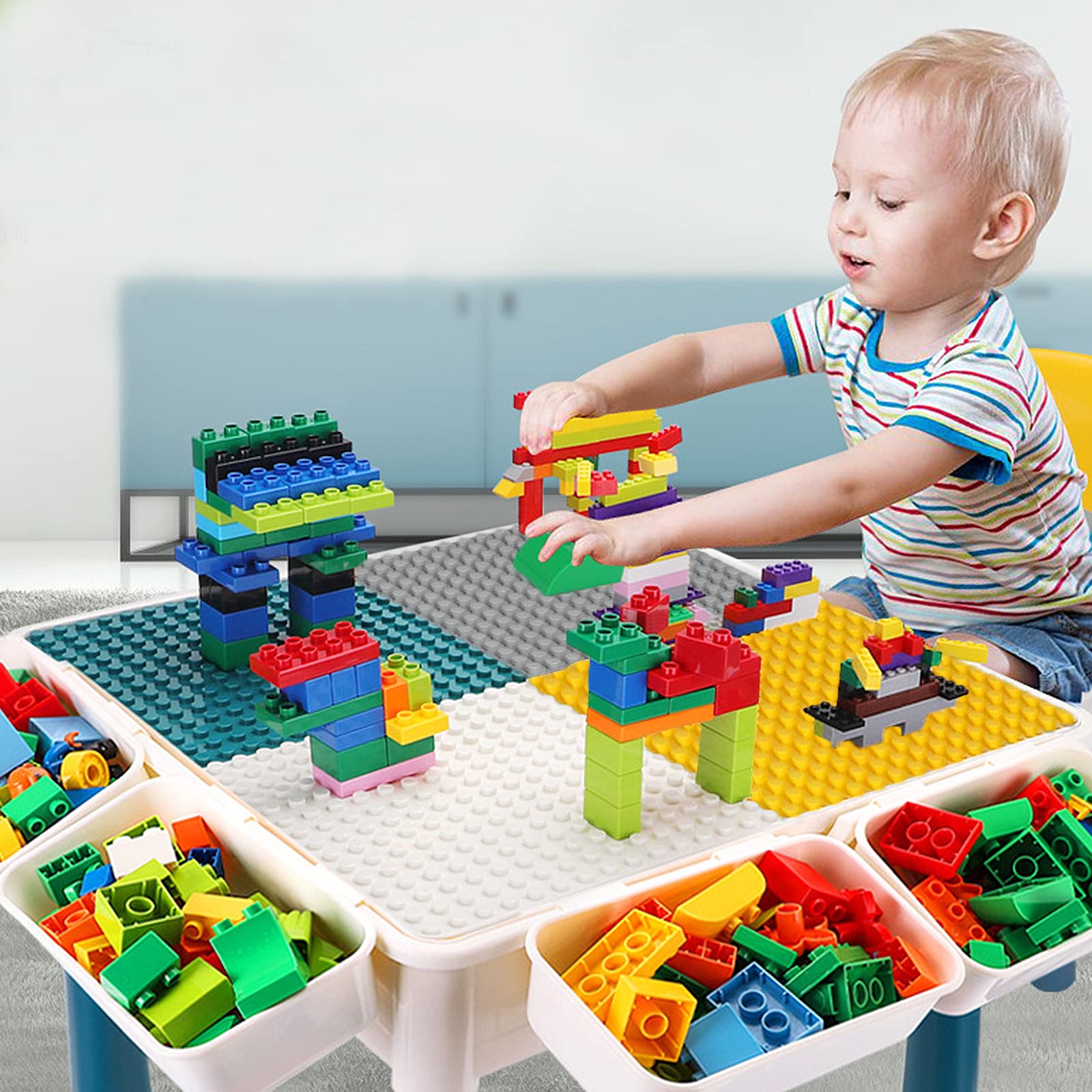 ACXIN 6 in 1 - Set di sedie per bambini, tavolo da lavoro per bambini, con 2 sedie e 163 mattoncini, multifunzione, per cameretta dei bambini e asilo (con blocchi)