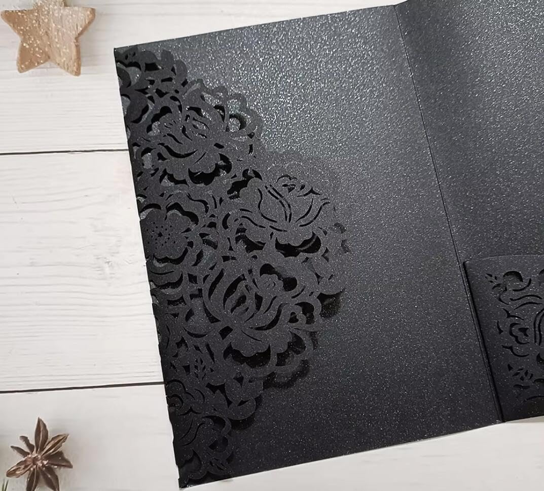 50 Pieces Red Shimmer Rose Floral Laser Cut Paper Invitation Card For Wedding Quinceanera Invitation Jacket (Black)