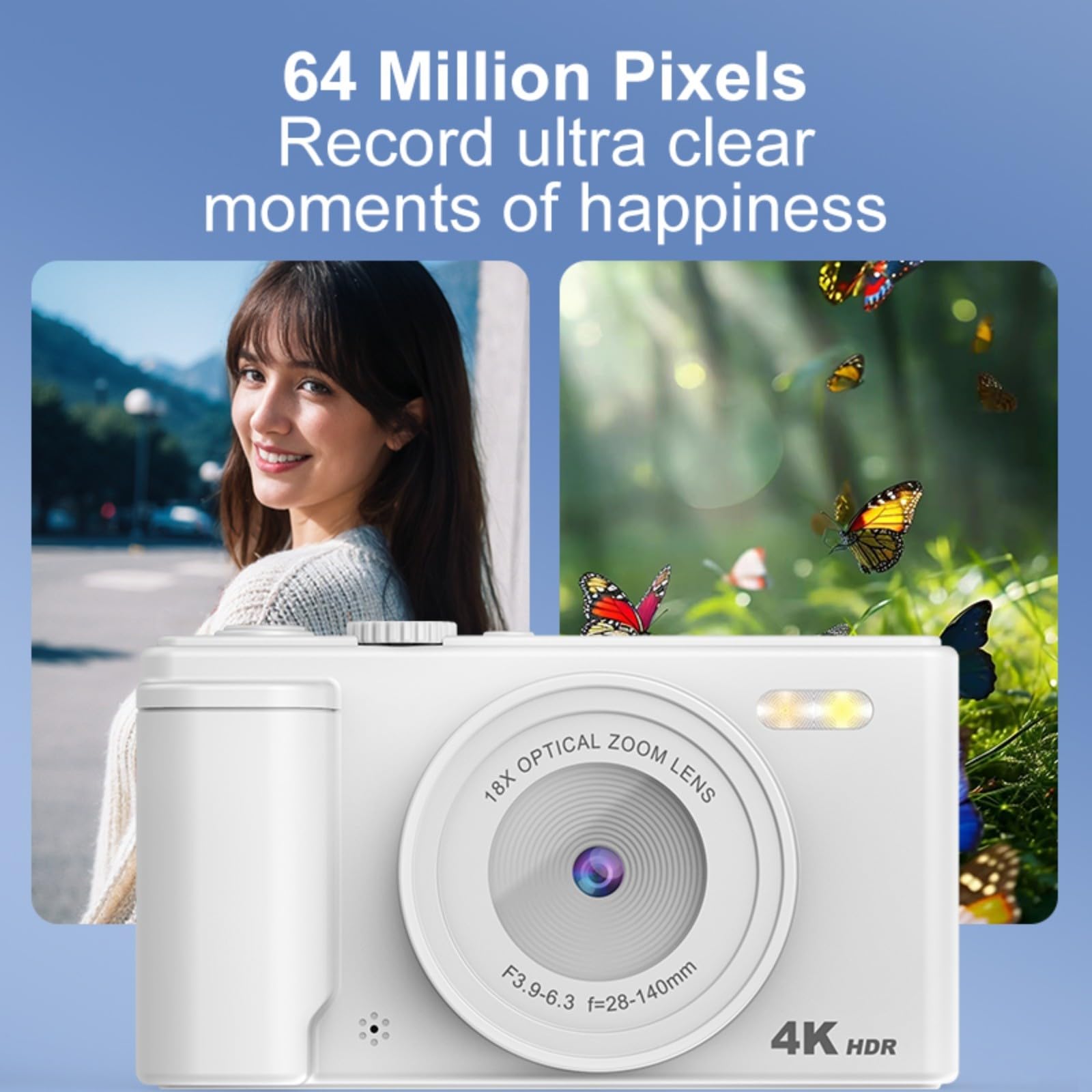 Fotocamera digitale da 64 MP 4K con zoom 16X e schermo a ribalta, telecamera compatta per vlogging per viaggi, studenti e selfie (bianco 32G)