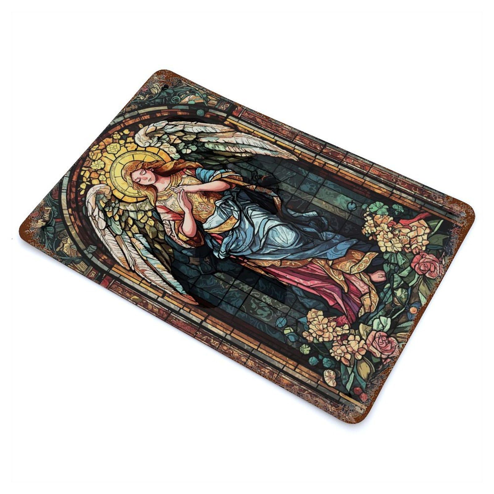 Stained Glass Angel Distressed Metal Wall Sign 11.8"x7.9", Ideal for Garage, Bar And Workshop Decor