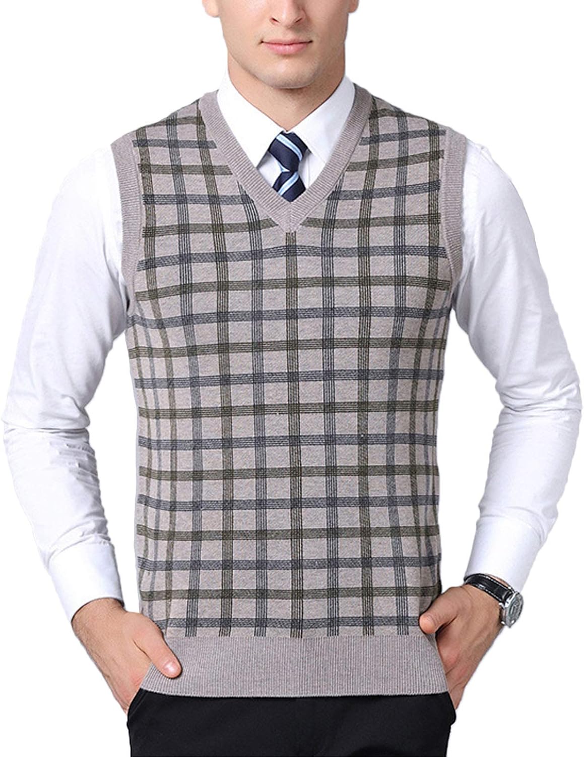 Flygo Men's Slim Fit Plaid Knitted V-Neck Sweater Vests Pullover