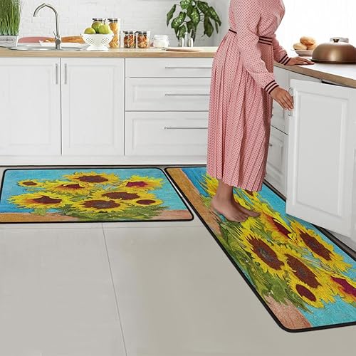 Miniatura 7 de GUYOS Juego de 2 alfombrillas de cocina con patrón de girasol estilo pintura al óleo para piso, tapete acolchado antifatiga, para estar de pie y