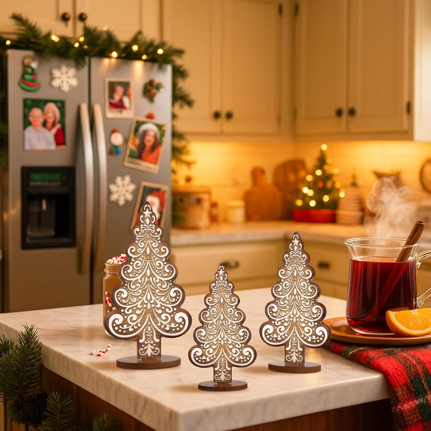3 Pcs Gingerbread Christmas Tree Decorations Village Wooden Collectible Figurines Christmas Tabletop Decoration with Base for Xmas Home Table Centerpiece Mantel Shelf Office Decor - Image 4