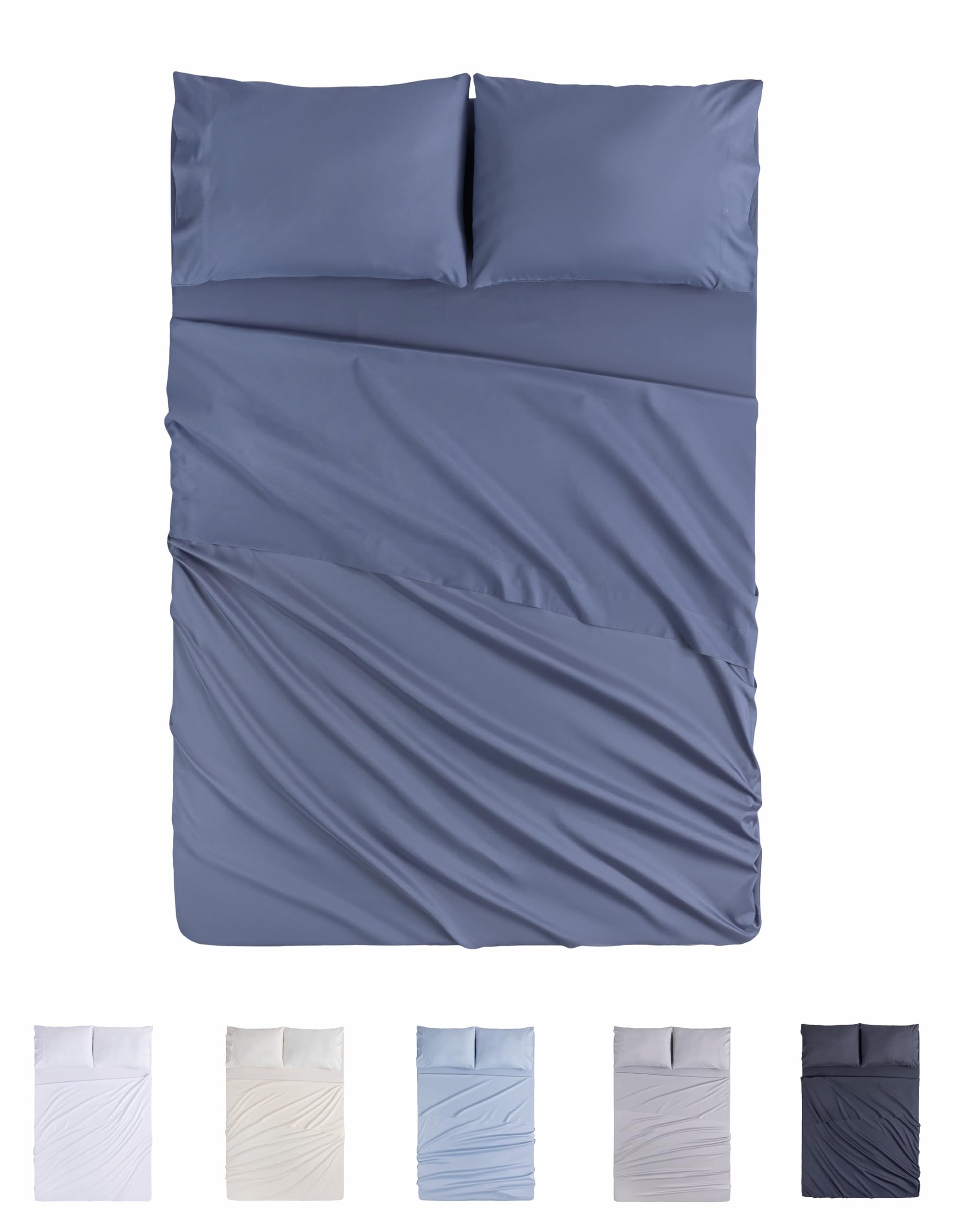 Todocama Juego de Sábanas de 4 Piezas - 4002 - Sábana Bajera Ajustable - Encimera - Dos Fundas de Almohada de 50x80cm (Cama 90x190/200 cm, Azul Grisáceo)