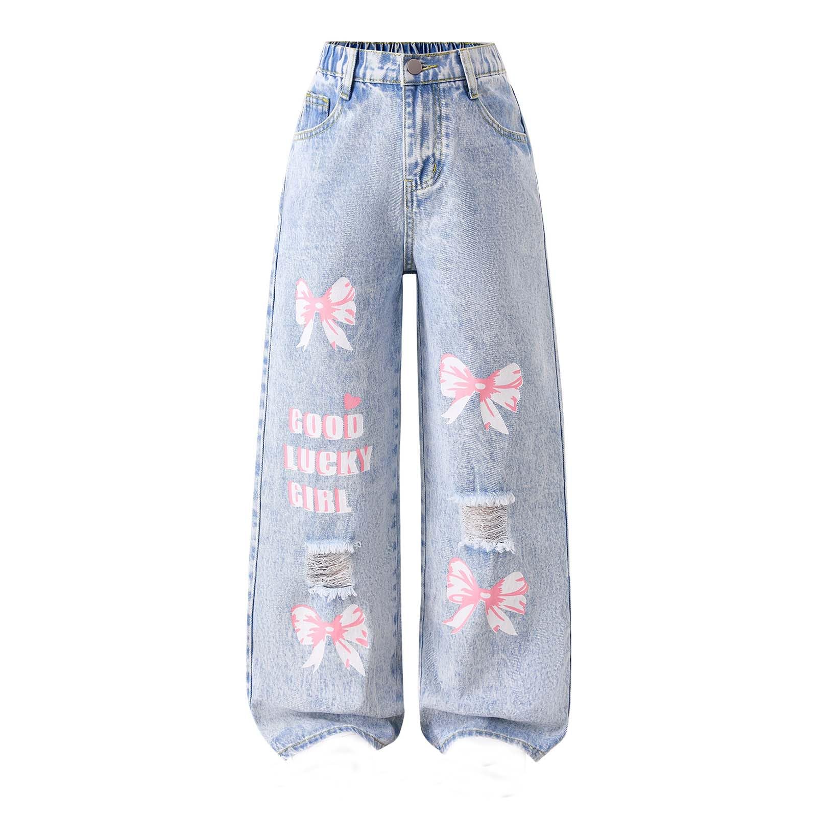 Générique Jean Fille 8-13 Ans Large Déchiré Pantalon Jeans Enfant Fille Droite Taille Haute Elastique Nœud Retro Streetwear Jean Cargo Denim Ample Automne Casual