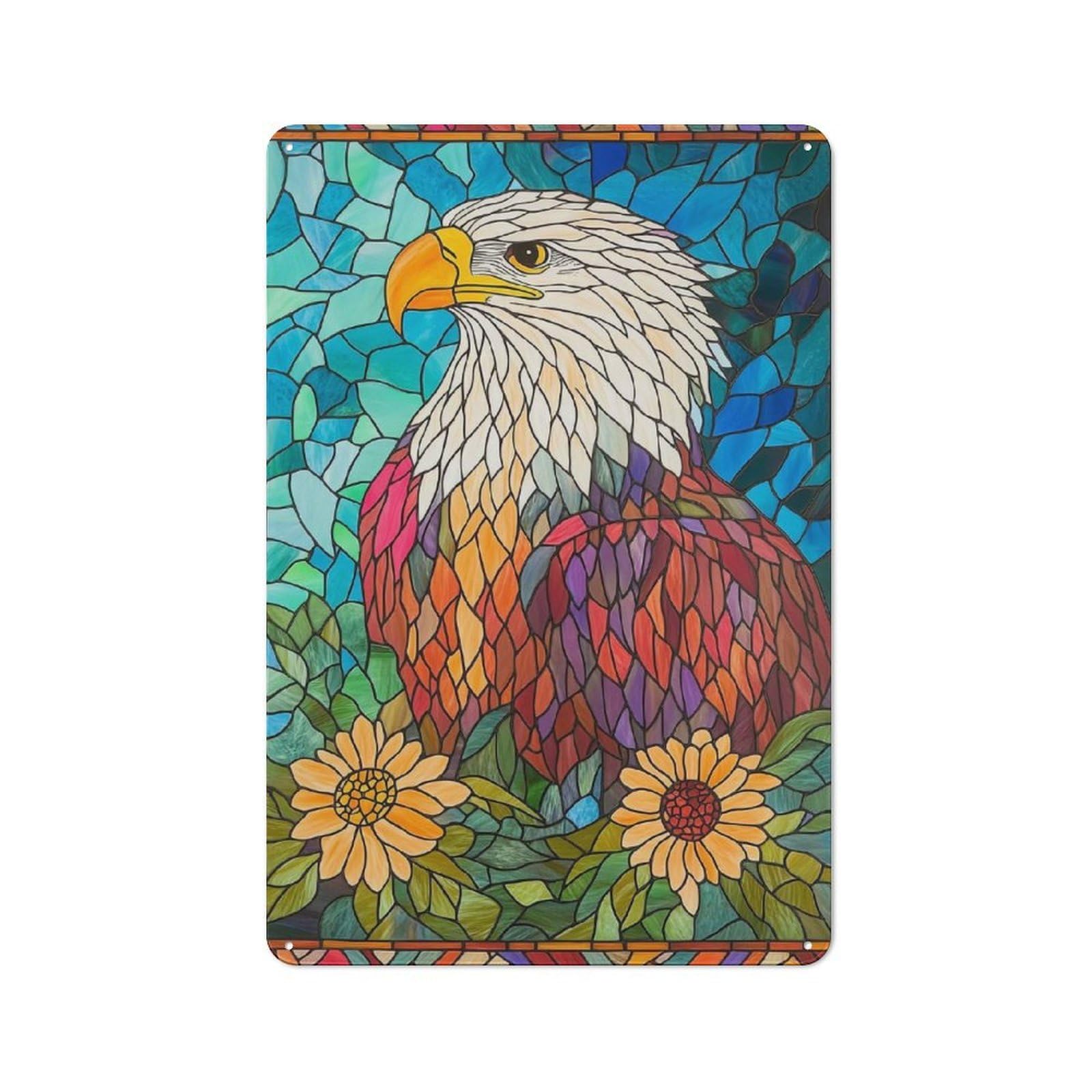 Junmoney Stained Glass Eagle Tin Wall Plaque 30X20cm With For Living Room Or Hallway, For Garage, Workshop And Man Cave Decoration