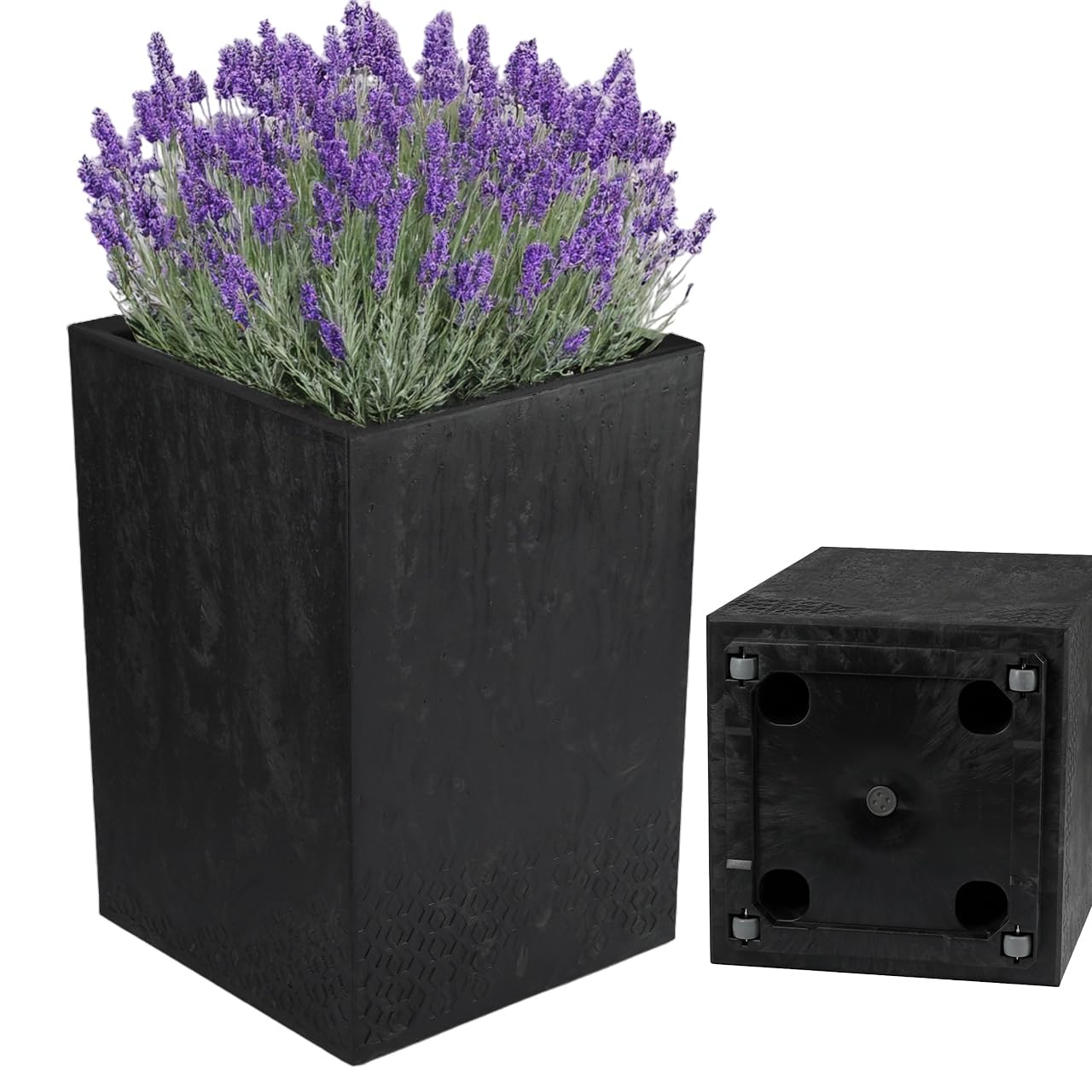 Vaso Da Fiori Con Inserto 40x60 cm, Plastica Riciclata, Con Ruote, Look Cemento Nero, Per Interno/Esterno, Robusto