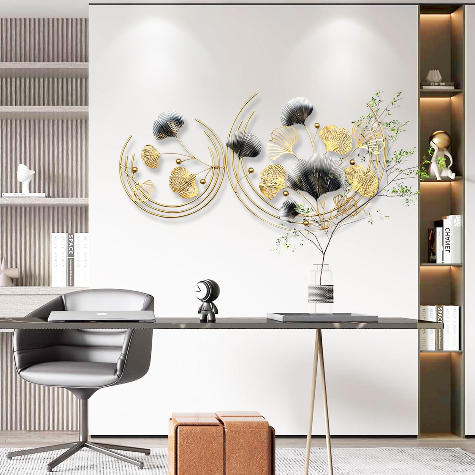 Aisny Décoration Murale Salon, 110 x 60cm, Art Mural Métal Forgé, Feuille Ginkgo, Sculptures Murales, Fond Canapé, Ornements Muraux, Bureau