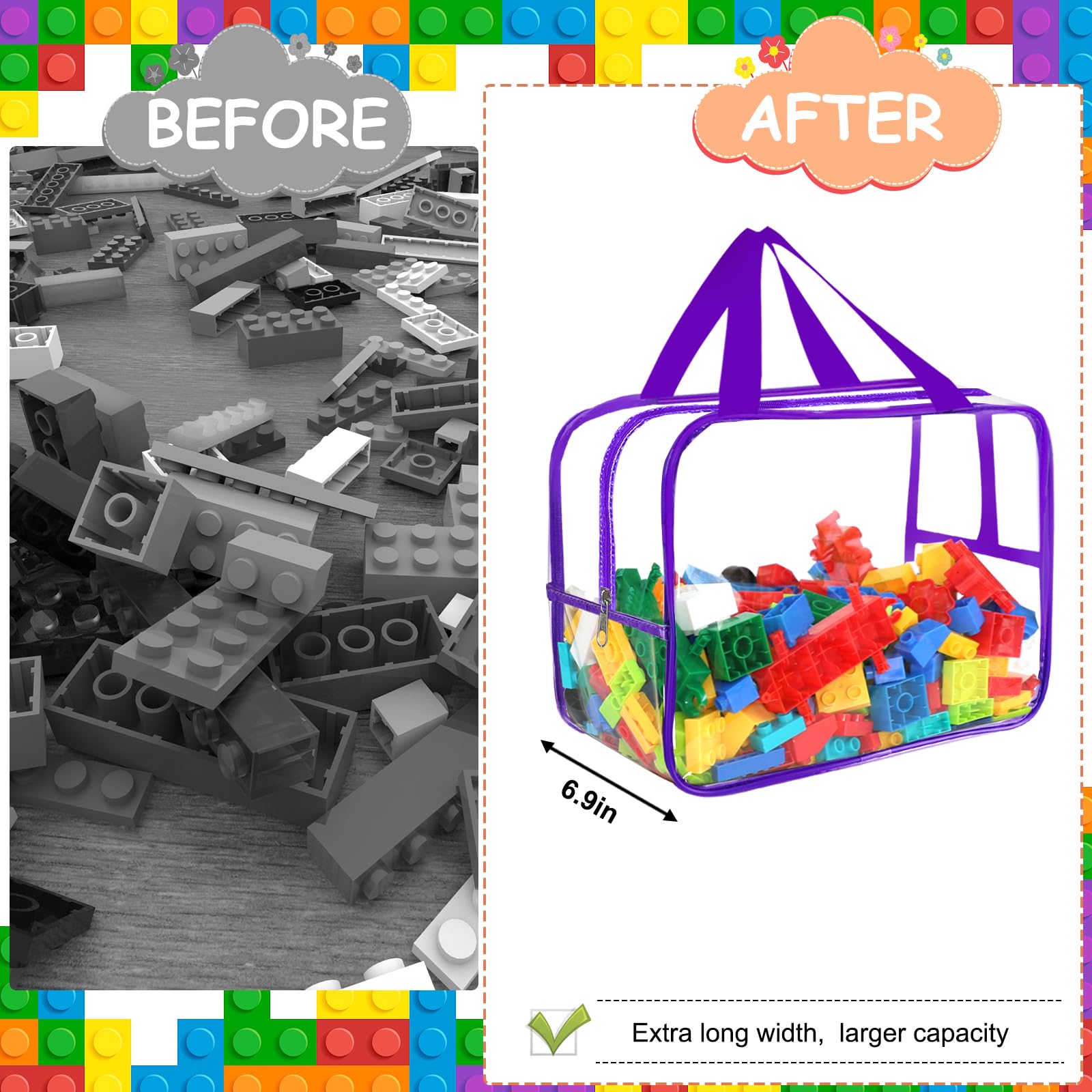Sacs de rangement larges de 6 couleurs, 32,6 x 23,3 x 17 cm avec étiquettes, réutilisables en PVC transparent, sacs de rangement de jeux de société, sacs de voyage imperméables avec fermeture éclair