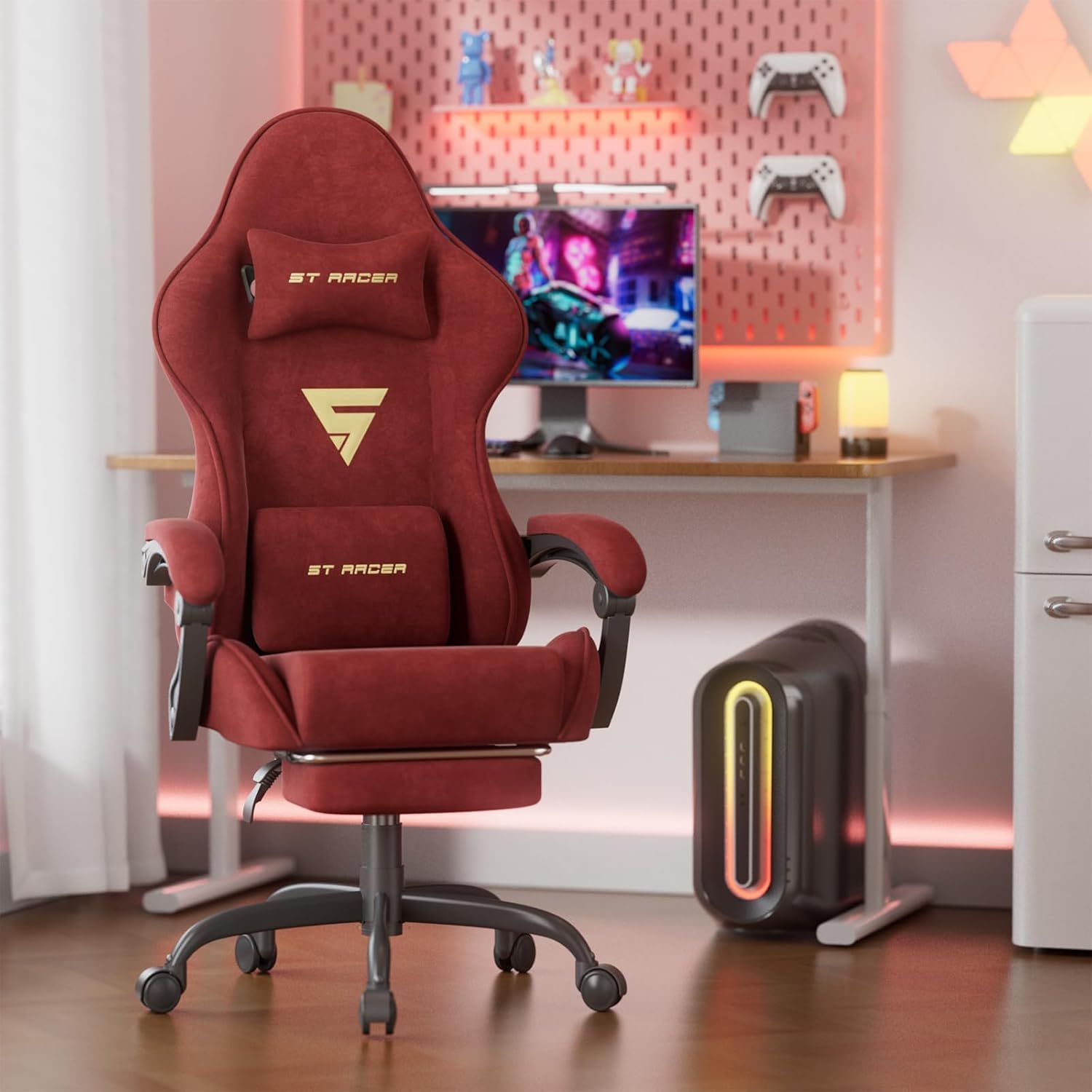 Silla Gaming Ergonómica con Masaje de Cintura,Silla Gamer Reposapiés y Reposacabezas Retráctil,Silla Oficina Material de Terciopelo cómodo,Rojo