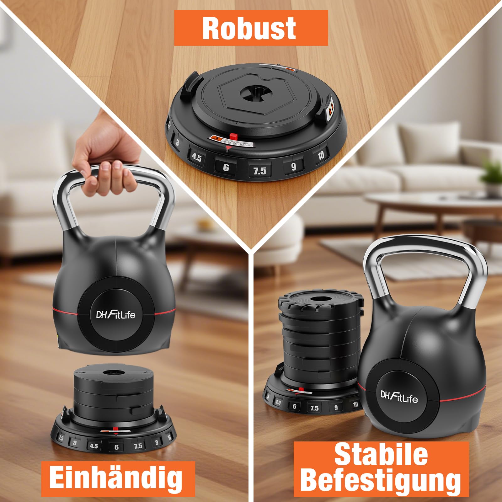 DH FitLife 7-in-1 Verstellbare Kettlebell Set (1.5-10kg) | Kugelhantel mit 7 Gewichtstufen | Kurzhanteln für Heimtraining & Fitness | Ideal für Ganzkörpertraining | Kompakt & Platzsparend Fitness-Set