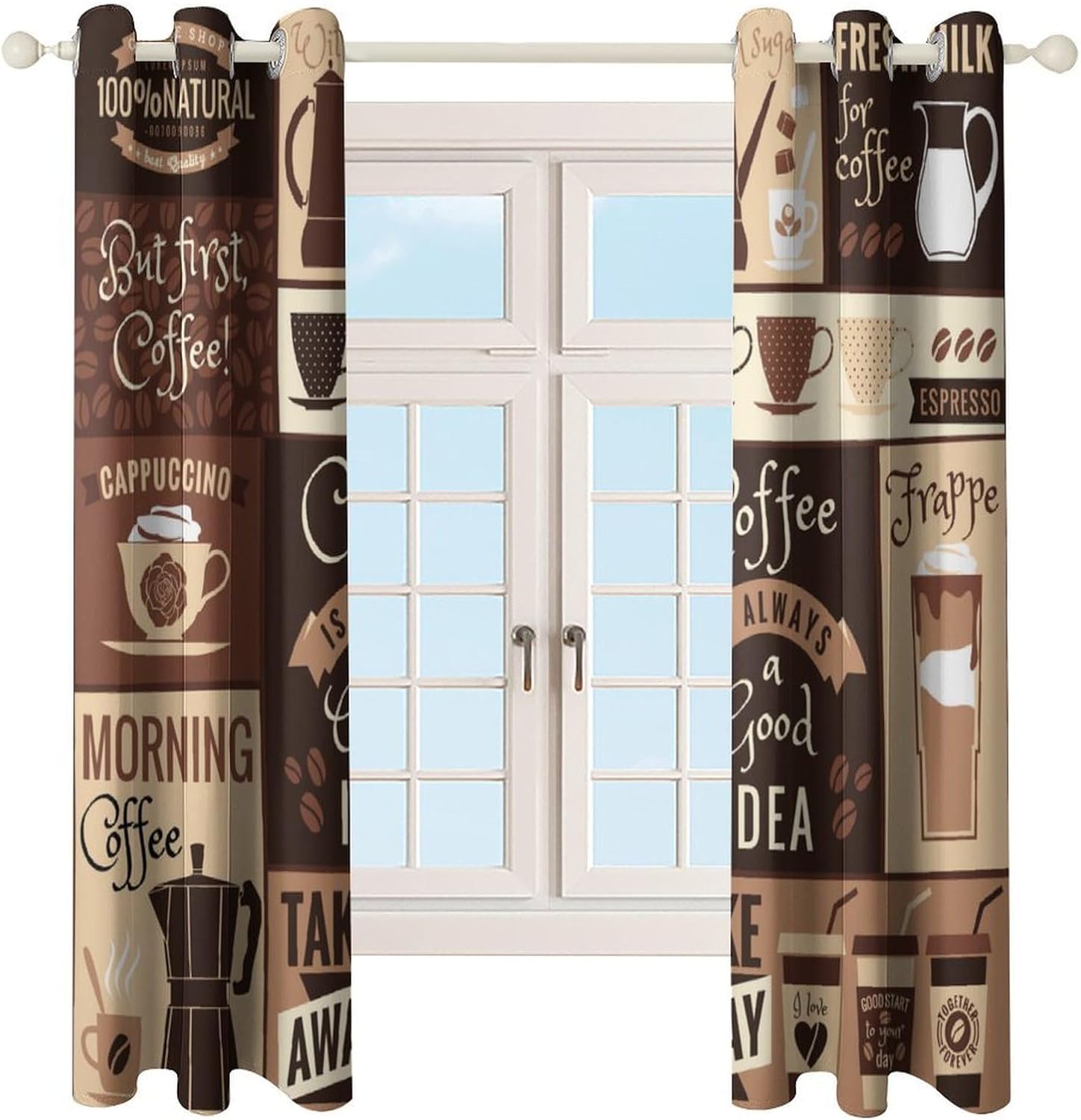 Coffee Blackout Curtains, Brown Coffee Shop Logo Splicing Pattern Cartoon Decor Window Treatments, Grommet Drapes for Living Room Bedroom Kitchen, 52x84inch (2 Panels)