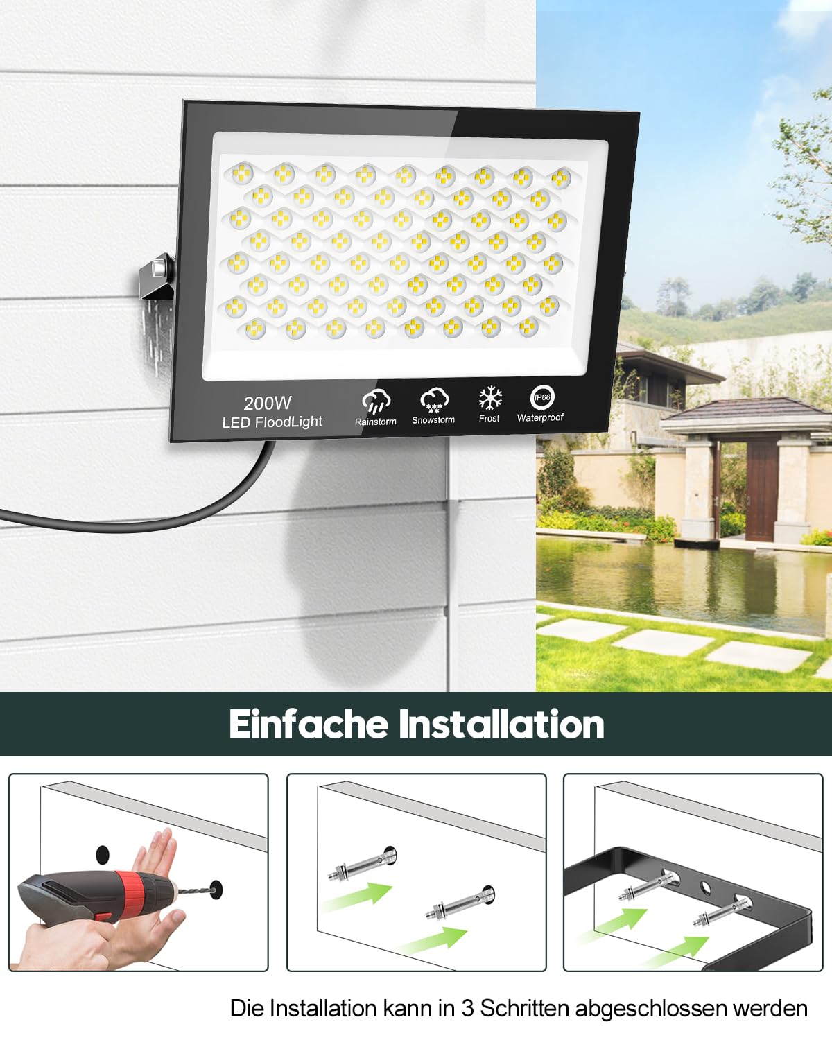 Sararoom Strahler Fluter Flutlicht Scheinwerfer - 4er 150W 208 LED 15000LM Kaltweiß 6500K, IP65 Wasserdichte Flutlichtstrahler Außen-Sicherheitsbeleuchtung für Garten Garage Hof Auffahrt Türen Flur