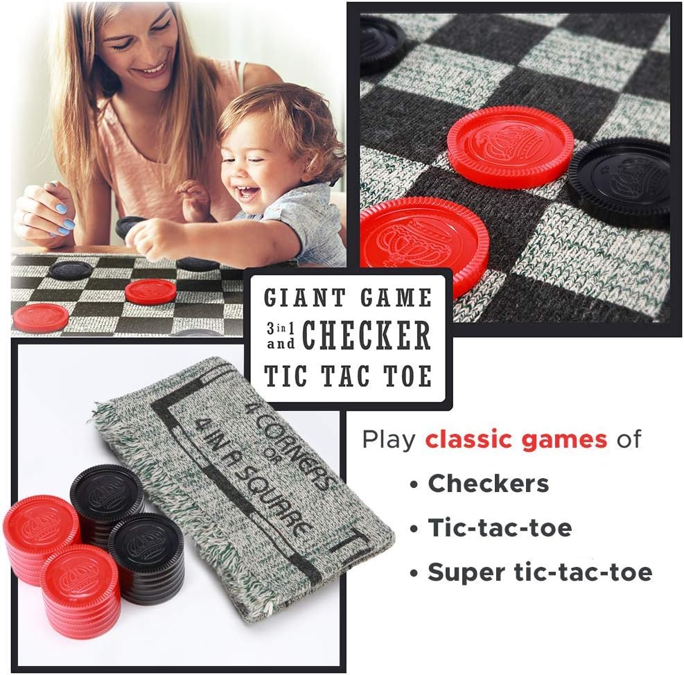 SMALL FISH Jumbo Checkers Board Game and Super Tic Tac Toe Toy for Kids, Tweens, Teens, and Adults, 3 in 1 Gift for Boys and Girls, Giant Reversible Rug with Large Pieces Activity Set for The Family : Toys & Games
