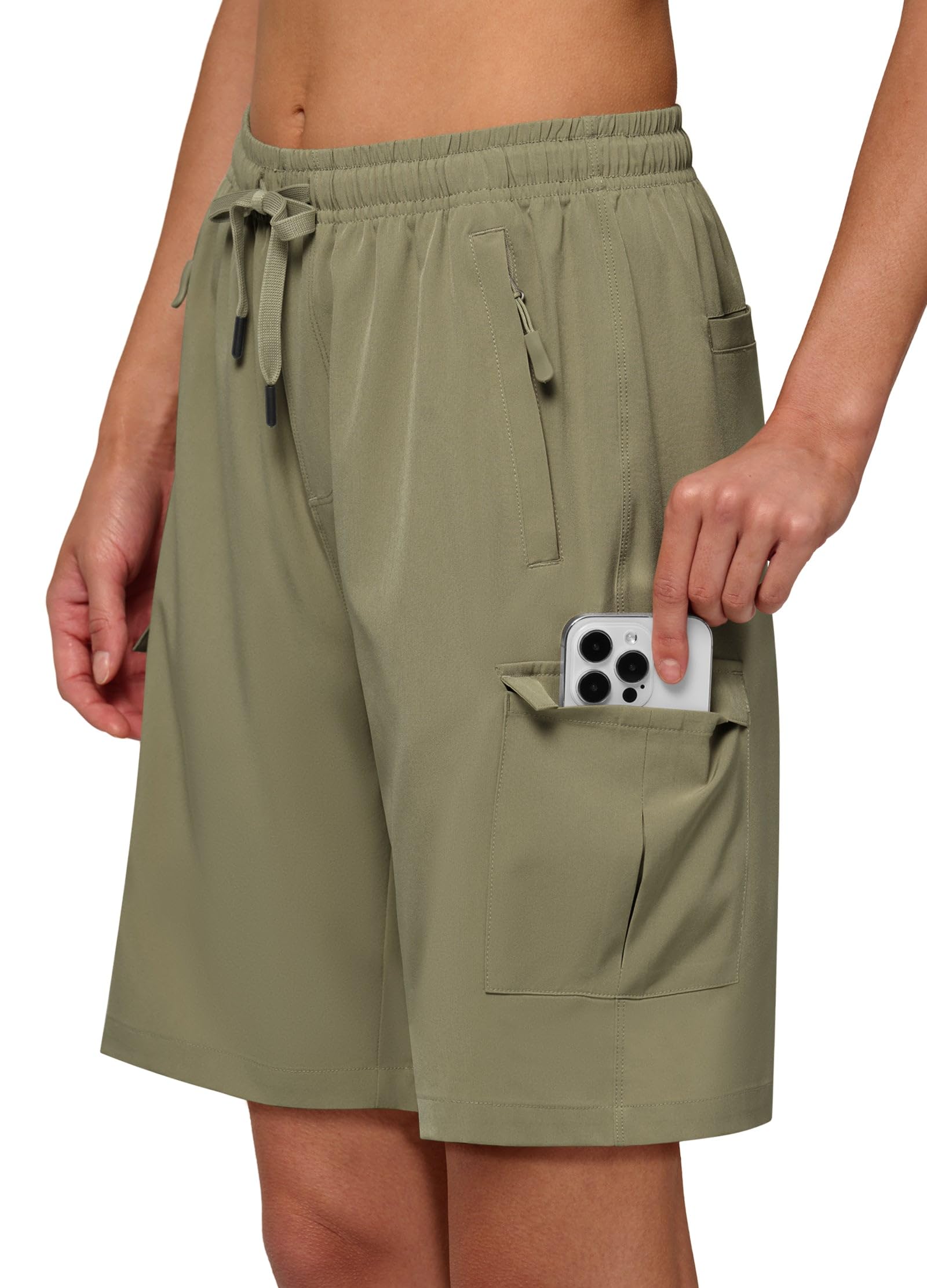 Willit Women's 9'' Hiking Cargo Athletic Shorts with Zipper Pockets Quick Dry for Camping, Golf, Travel Water Resistant Sage Green M