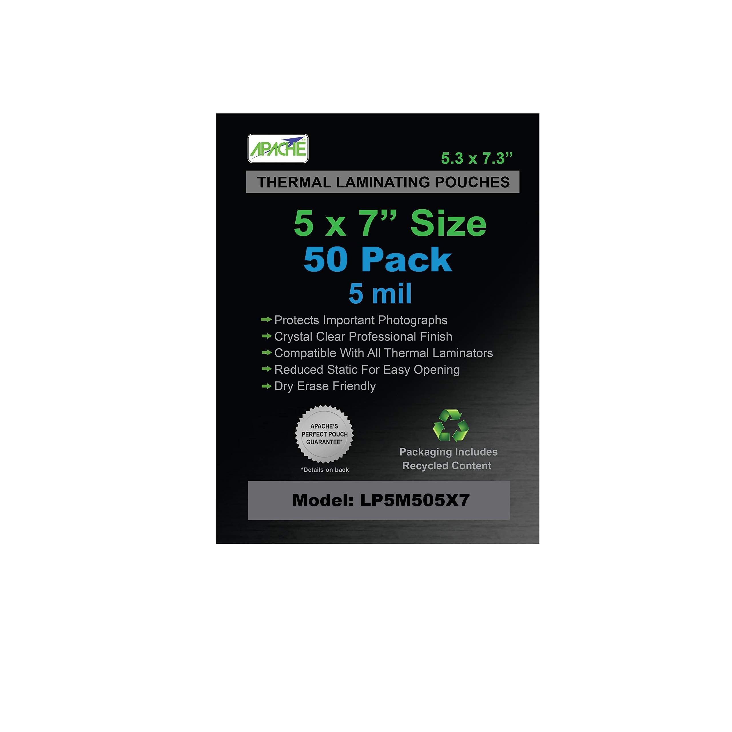 Apache 5x7" Size Laminating Pouches, 5 Mil, 50 Pack, 5.3 x 7.3"