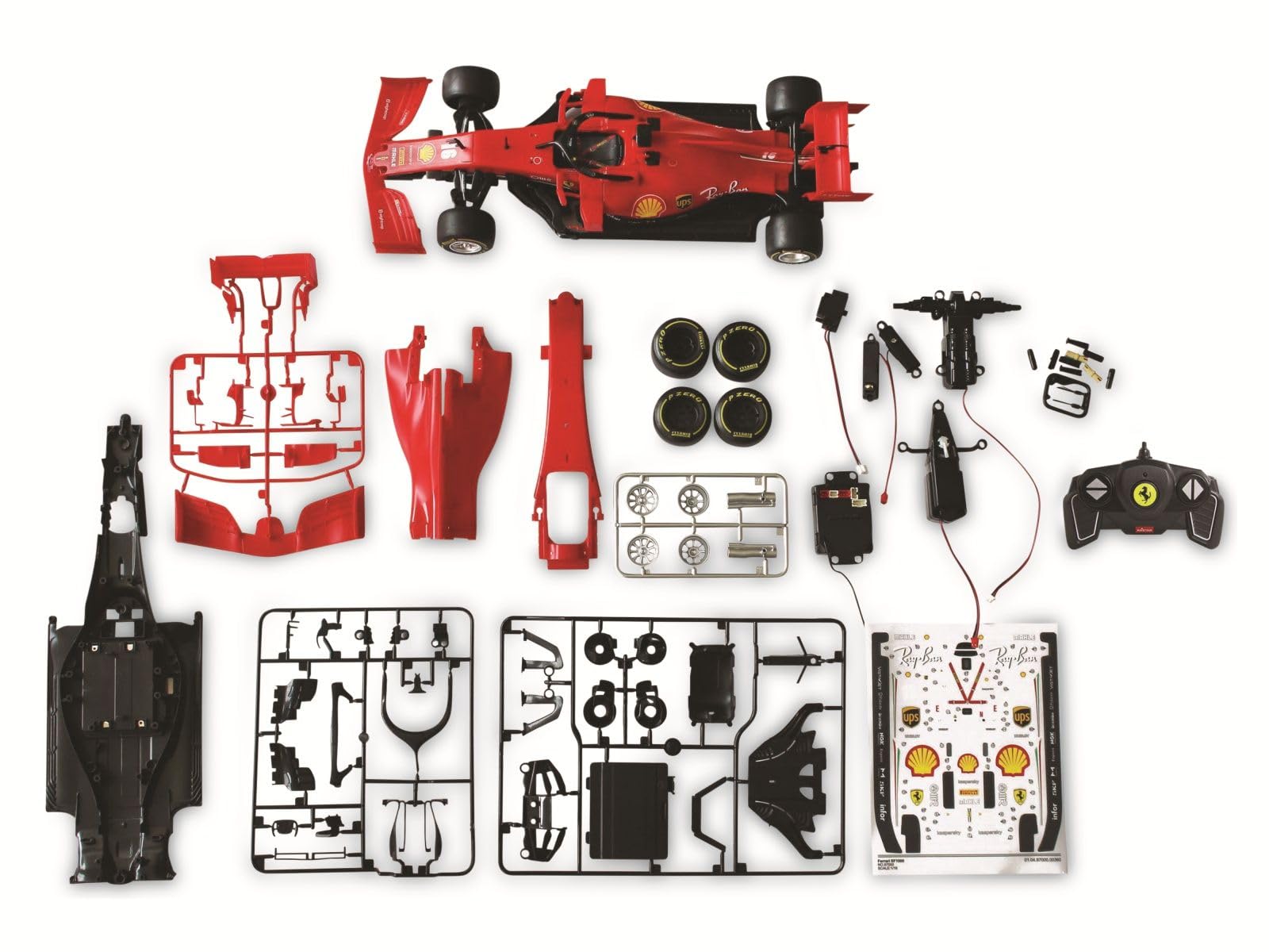 Ferrari SF 1000 1:16, 2,4 GHz zestaw do montażu – części są nakładane, nie są wymagane żadne narzędzia ani klejenie, wierne odwzorowanie szczegółów, otwieranie drzwi ręcznie