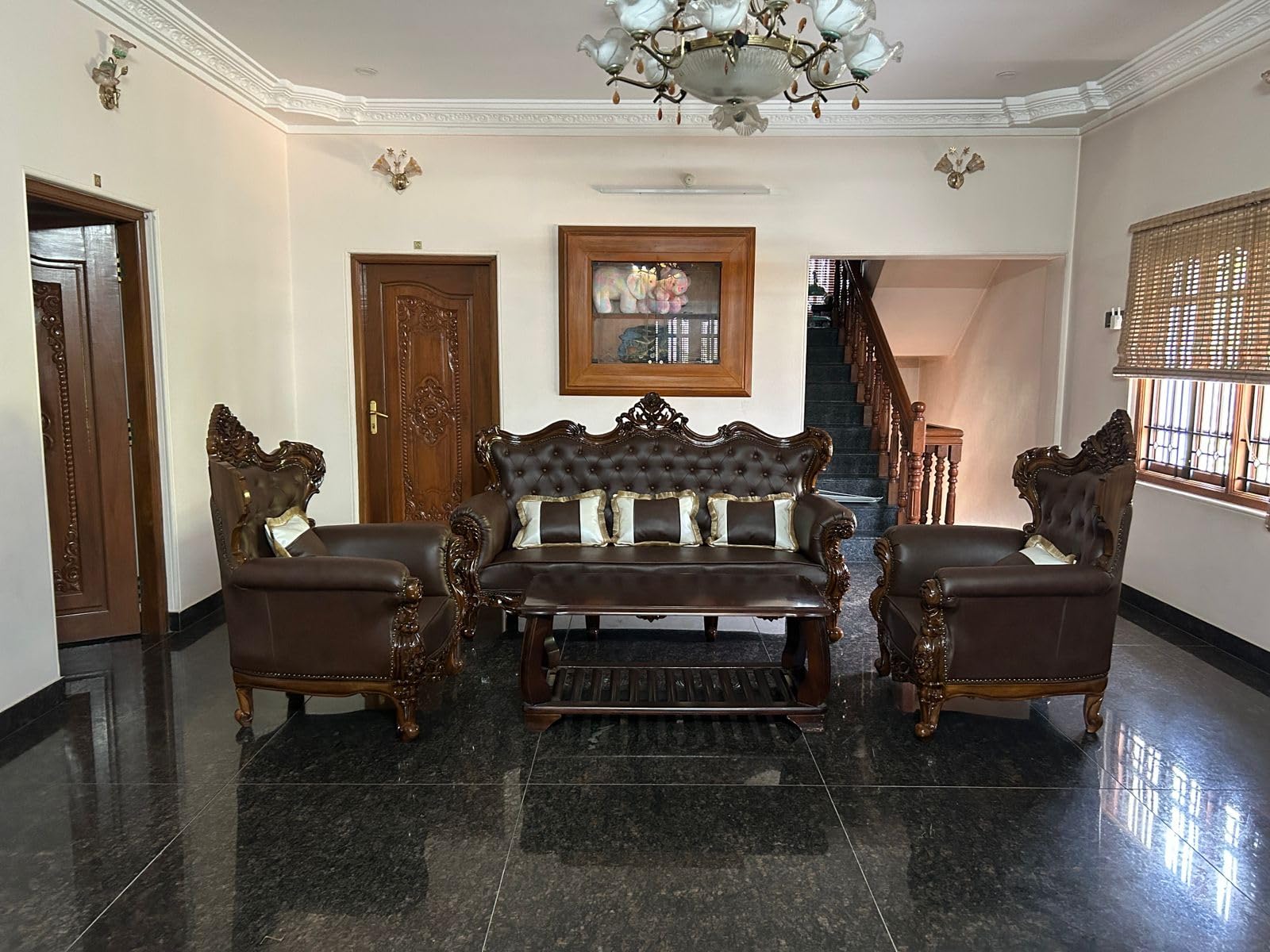 Shilpi Handicrafts Wooden Classic and Antique Leather Sofa Set (3 +1 +1)-image-7