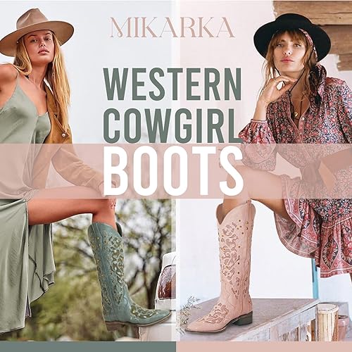 Miniatura 3 de mikarka Botas vaqueras para mujer, con tachuelas bordadas, botas vaqueras de media pantorrilla, botas occidentales de meter, punta cuadrada, tacón