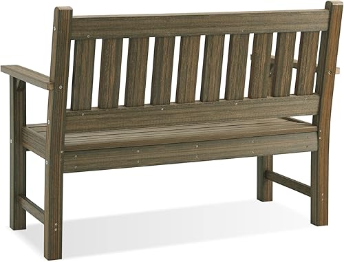 Miniatura 7 de Banco para exteriores, banco de jardín para 2 personas, banco de patio de madera de polietileno para exteriores, porche y parque (marrón claro)