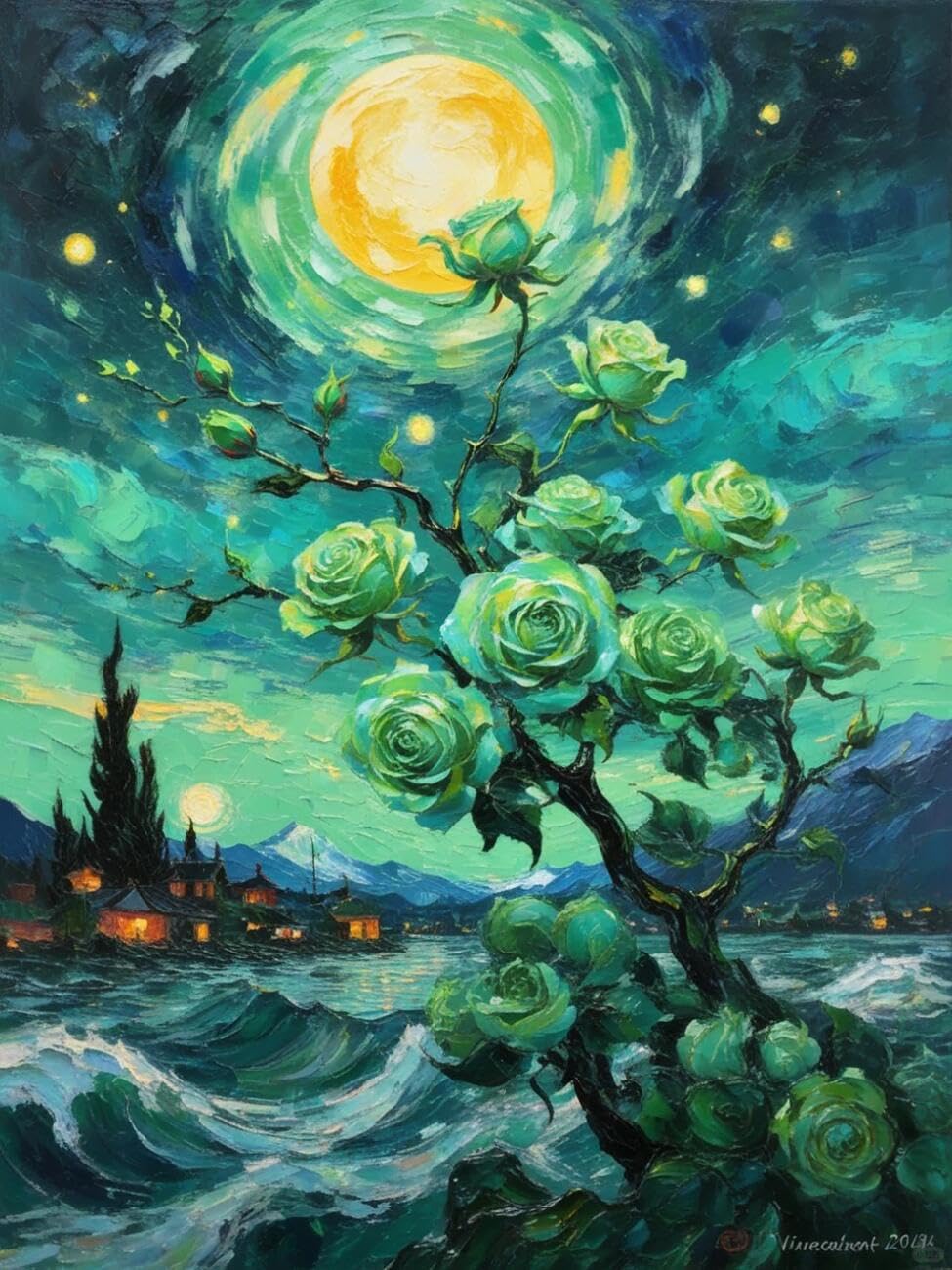 Henypt Cross Stitch Kits Green Roses Flowers DIY Needlepoint Set for Adults Beginners with Accessories Home & Leisure/Gifts 14CT 40x50cm