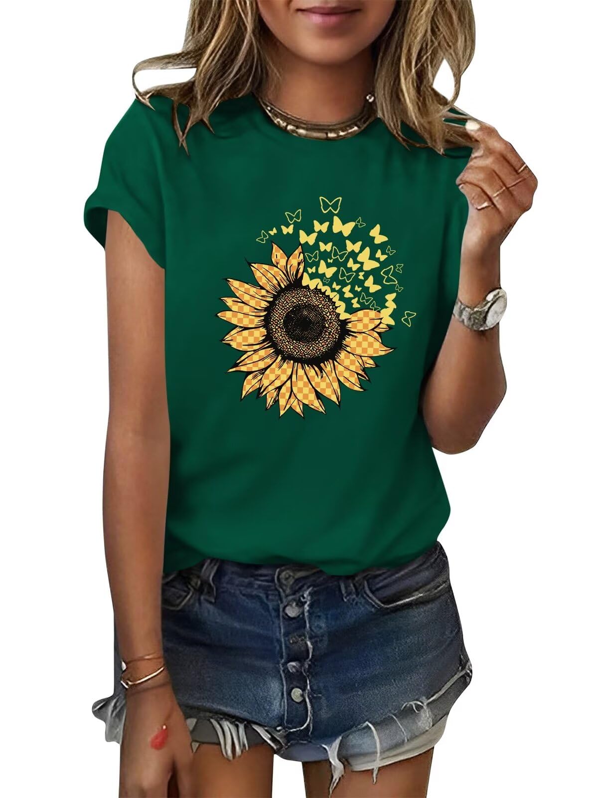 ORANDESIGNEWomen's Sunflower Butterfly Print T Shirts Graphic Short Sleeve Tees Casual Crewneck Tops