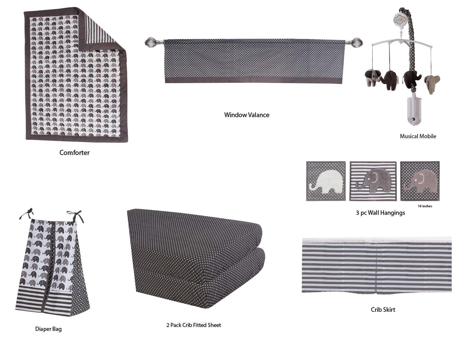Bacati Elephants Crib Bedding & Nursery Decor Set 10 pc Crib Bedding Set with 2 Crib Fitted Sheets