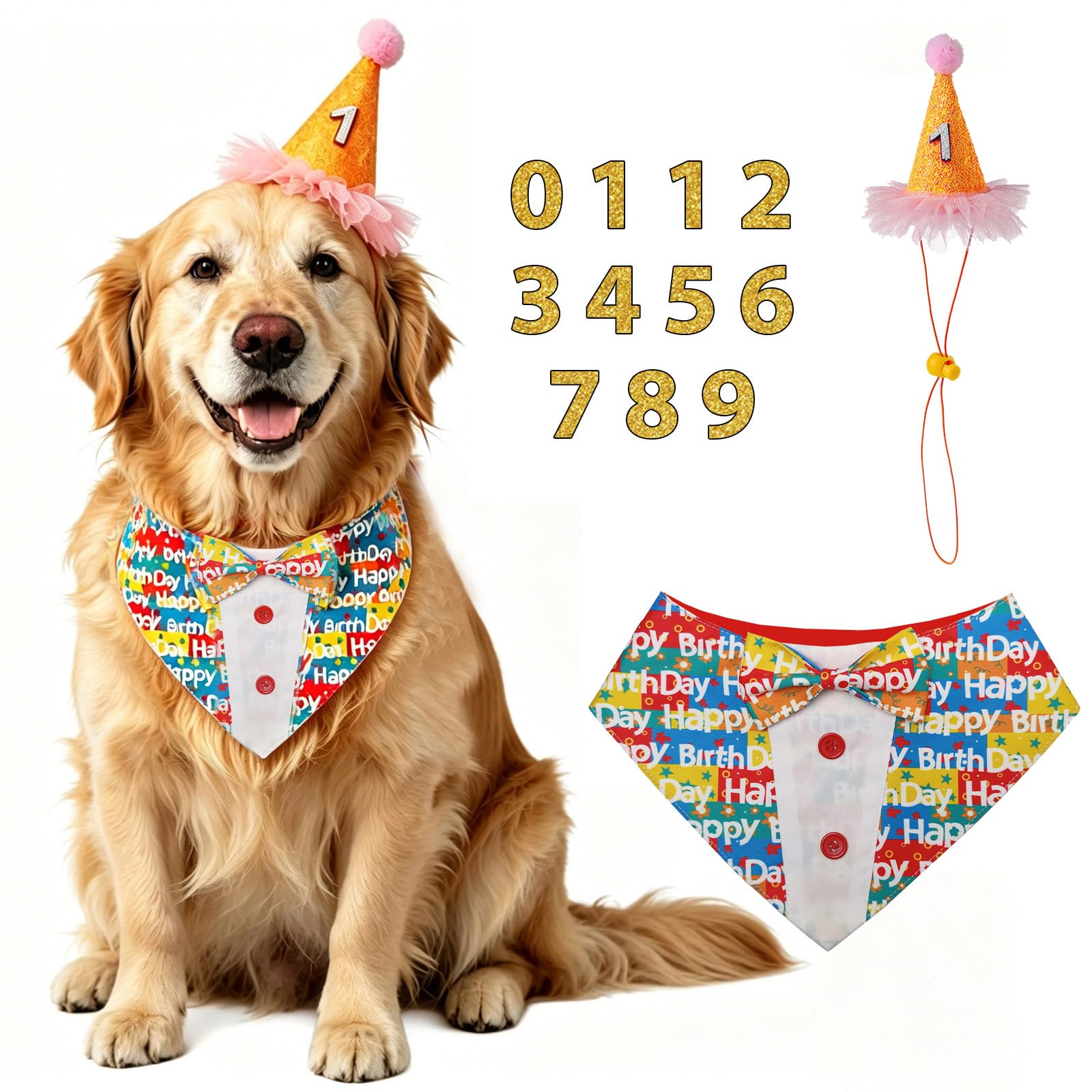 Fenralomi Dog Birthday Bandana and Hat Set, Happy Birthday Dog Bandana, Cute Dog Birthday Outfit Costume for Small Medium Large Dogs, Boy & Girl Pet Celebration Accessories (XS-XL) (Rainbow, XL)