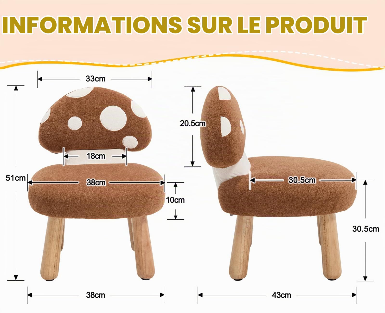 Ya-Home Chaise d'enfant, Petit Fauteuil Enfant Design Champignon, Marron