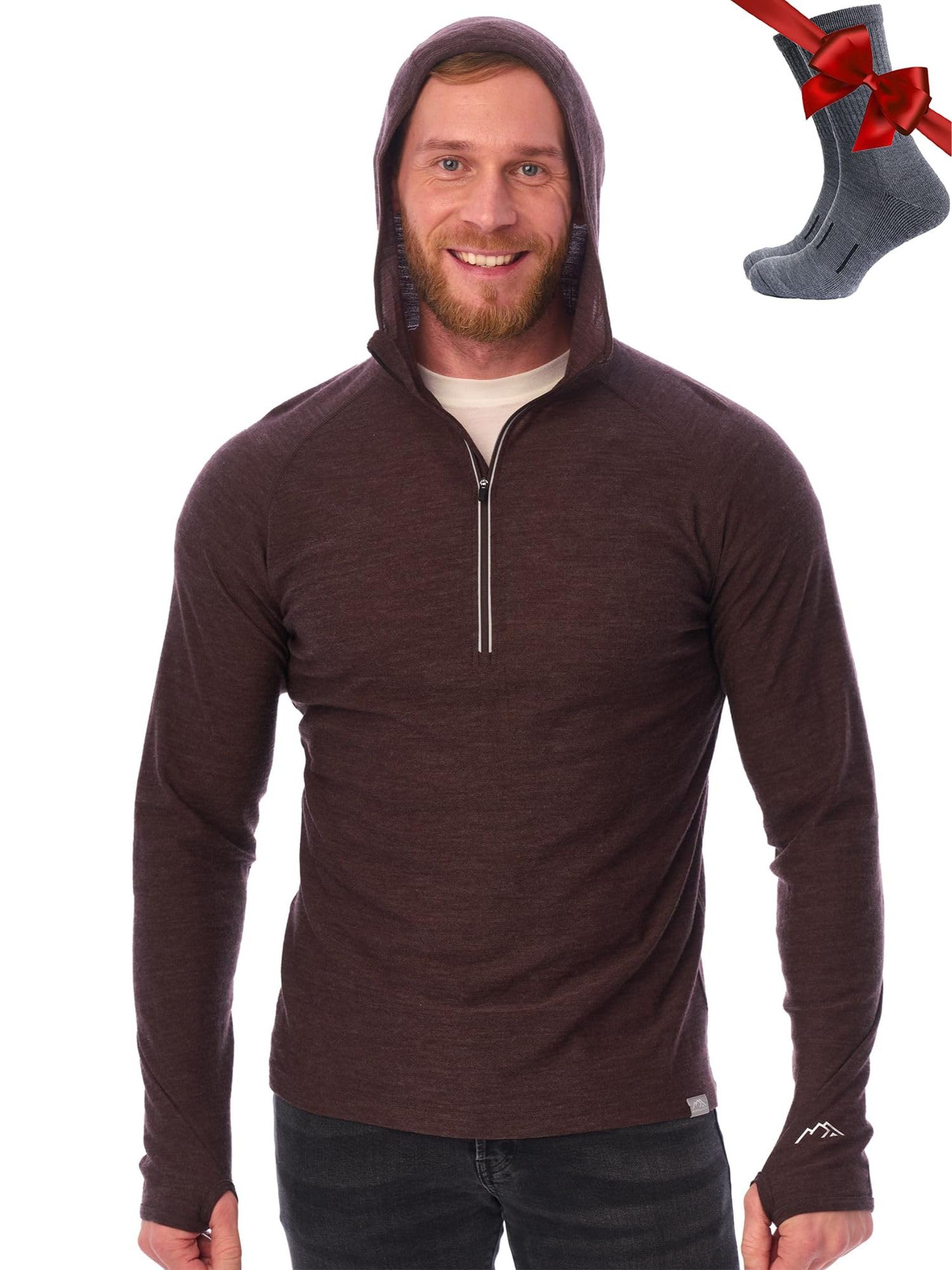 Merino.tech 100% Merino Wool Hoodie Men - Slim Fit Merino Wool Base Layer Mens Half Zip Thermal Long Sleeve Shirt and Socks